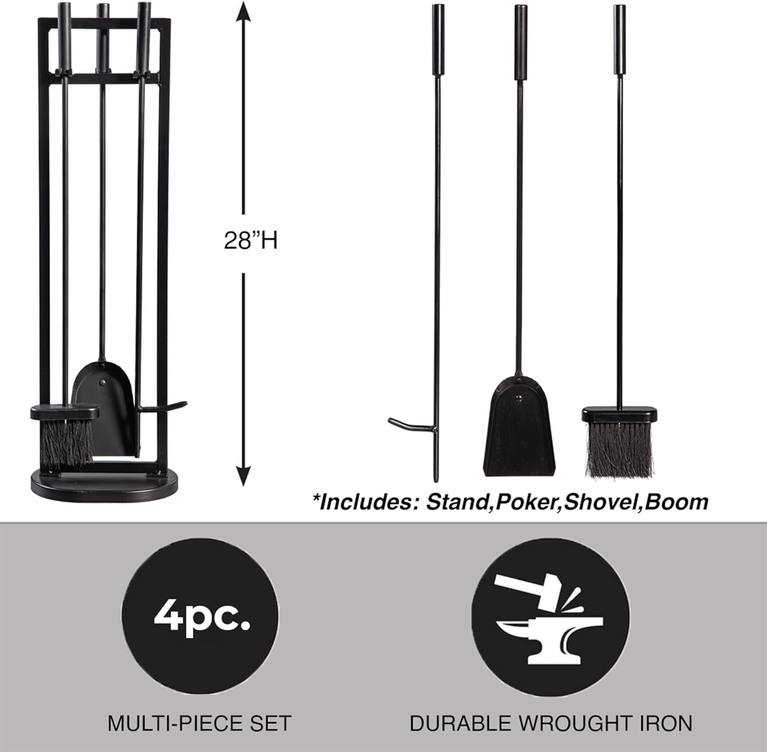 Plow & Hearth Classic 4 Piece Fireplace Toolset with Shovel, Brush, Poker and Stand | 28" H | Black Wrought Iron Handle for Outdoor Indoor | Wood Stove Firepit Accessory
