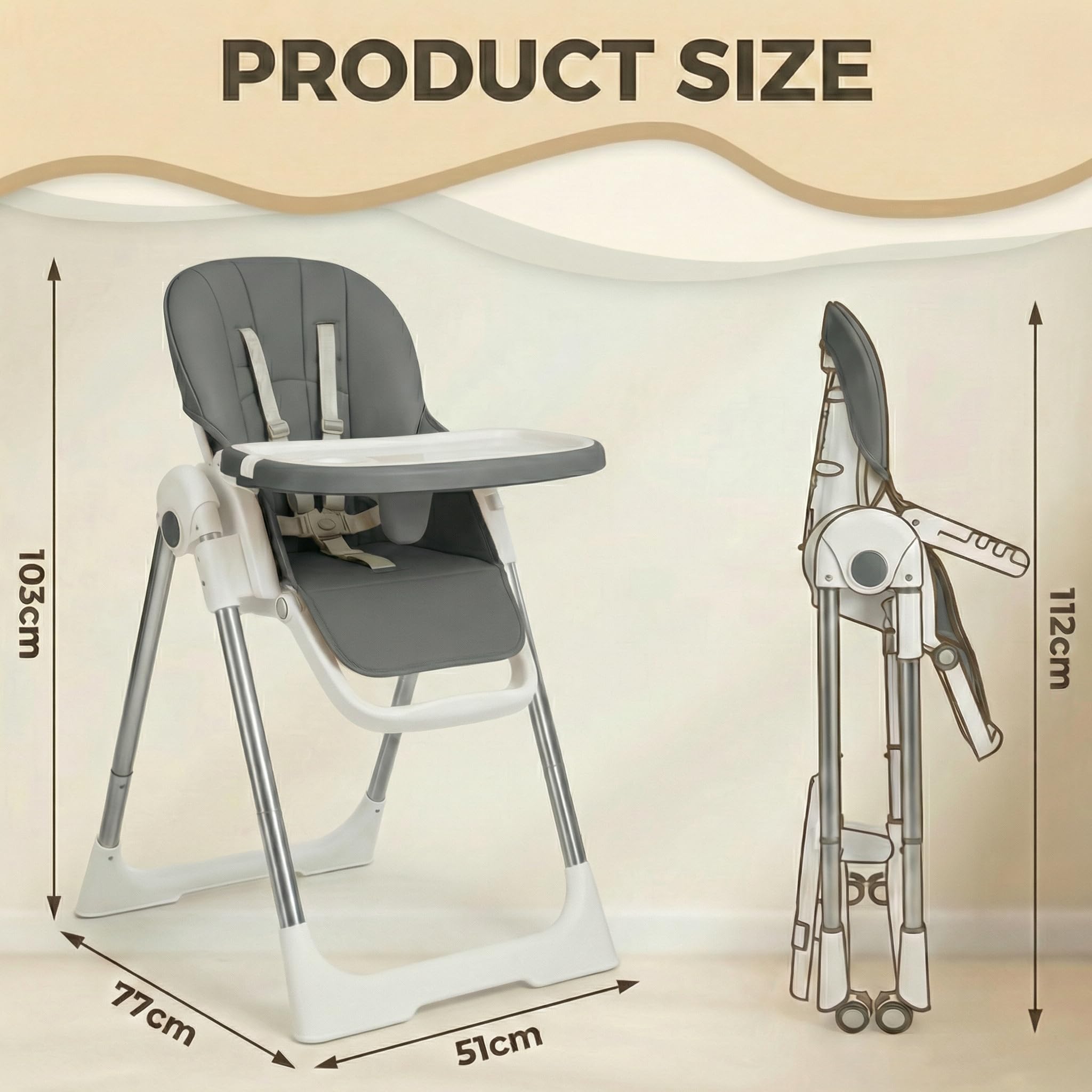 Trona para bebé, trona con cinturón de seguridad de 5 puntos, altura regulable, respaldo ajustable en 4 posiciones, trona combinada, reposapiés ajustable, mesa ajustable, plegable, gris