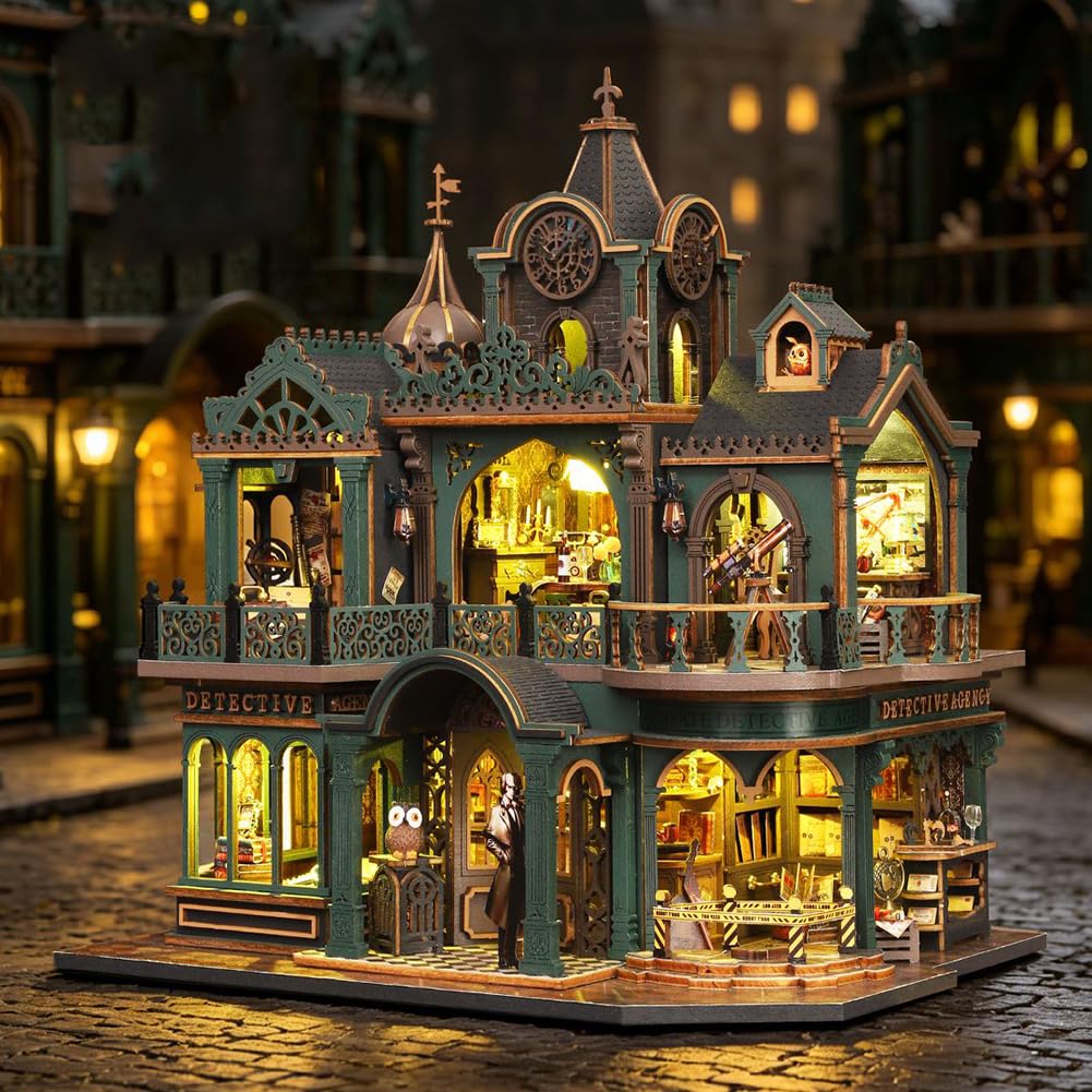 Kit de casa de muñecas de detective en miniatura, rompecabezas 3D de madera con luces LED, caja de música, estilo victoriano, idea creativa de habitación, el mejor regalo (con cubierta antipolvo)