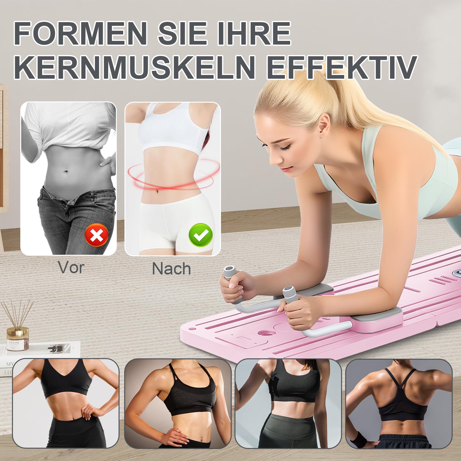 Pilates Board Set für zuhause - Faltbarer Reformer Pilates Maschine, Mini Pilates Reformer Board, Reformer für Pilates Premium - inkl. Timer, Widerstandsbänder, Griffe(New Version)
