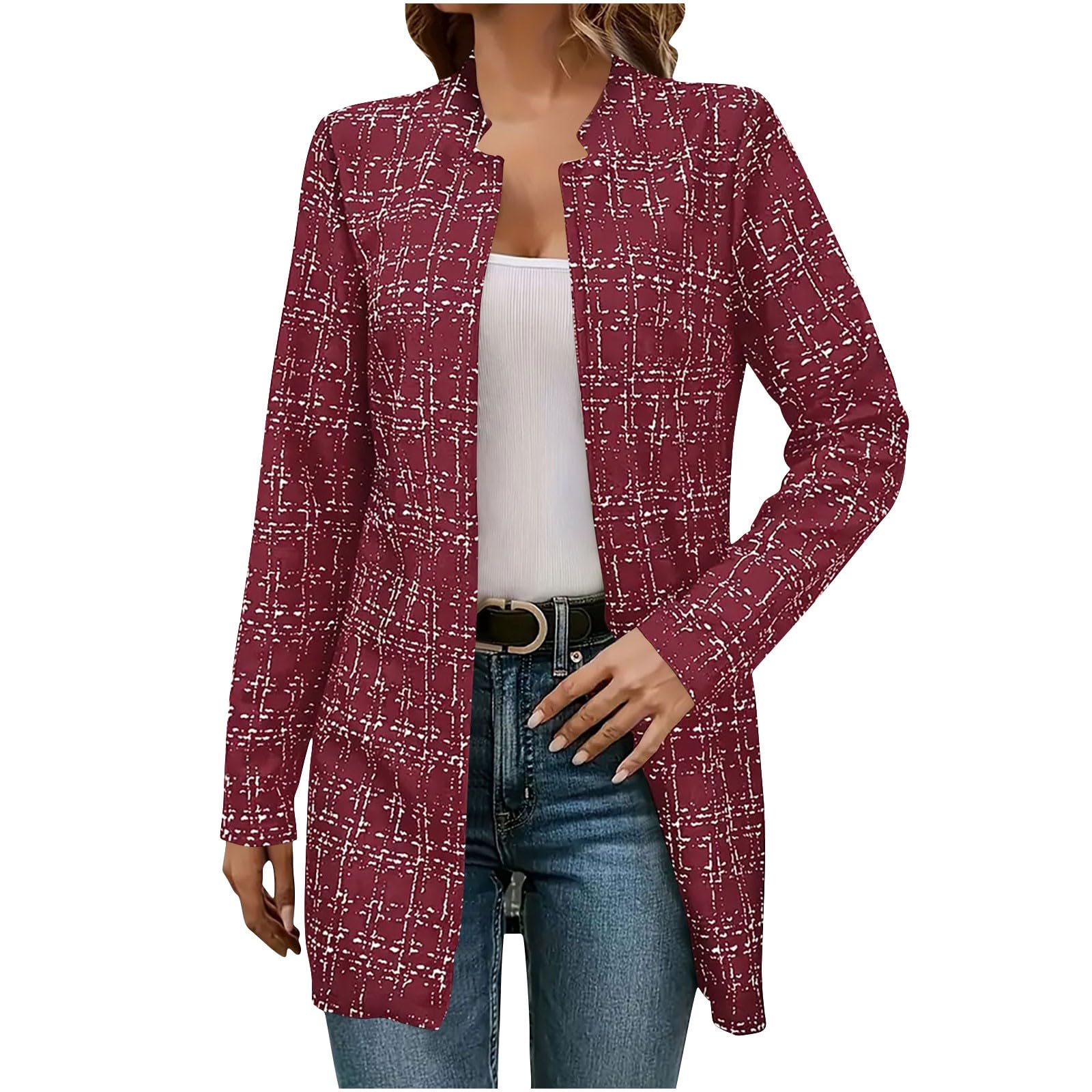 Womens Long Lightweight Plaid Blazer Long Sleeve Open Front Stand Collar Cardigan Elegant Casual Fashion Suit Jacket