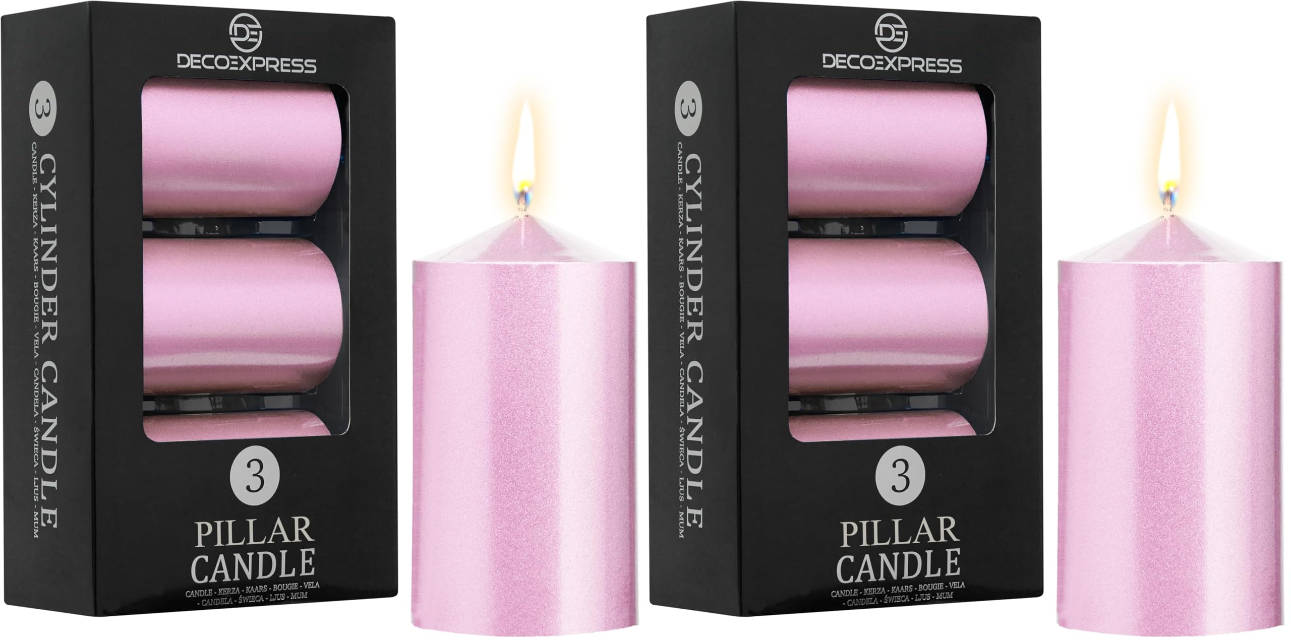 DECO EXPRESS Metallic Stumpenkerzen Set, 3er-Pack, Kerzen Lange Brenndauer, 30 Stunden, Geruchslos (Rose Gold - 3er-Pack) (Packung mit 2)