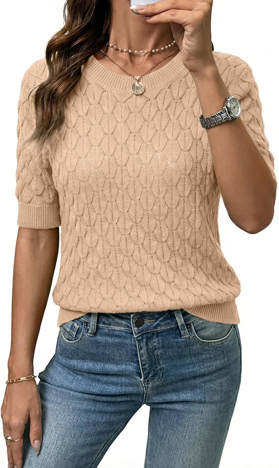 Dokotoo Womens Summer Tops Round Neck Short Sleeve Sweater for Women 2026 Lightweight Sweaters Casual Blouses