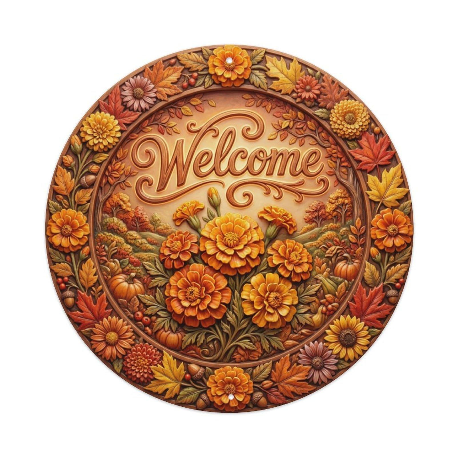 Tgrcjimh Style Metal Tin Sign Marigold Bloom Welcome Autumn Gold