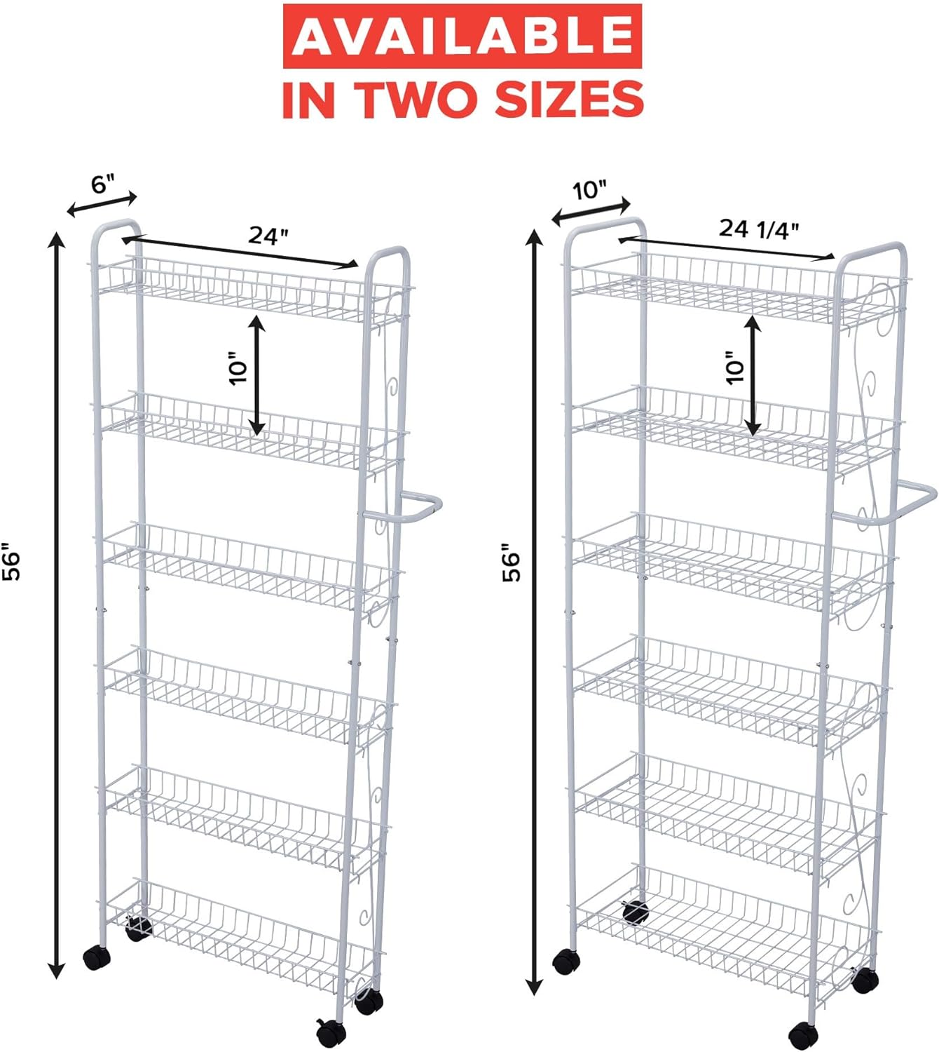 Slim Rolling Pantry Cart 6-Tier Shelf - Space-Saving Kitchen & Spice Rack on Wheels, 6" Deep, White Metal