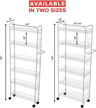 Slim Rolling Pantry Cart 6-Tier Shelf - Space-Saving Kitchen & Spice Rack on Wheels, 6 Deep, White Metal