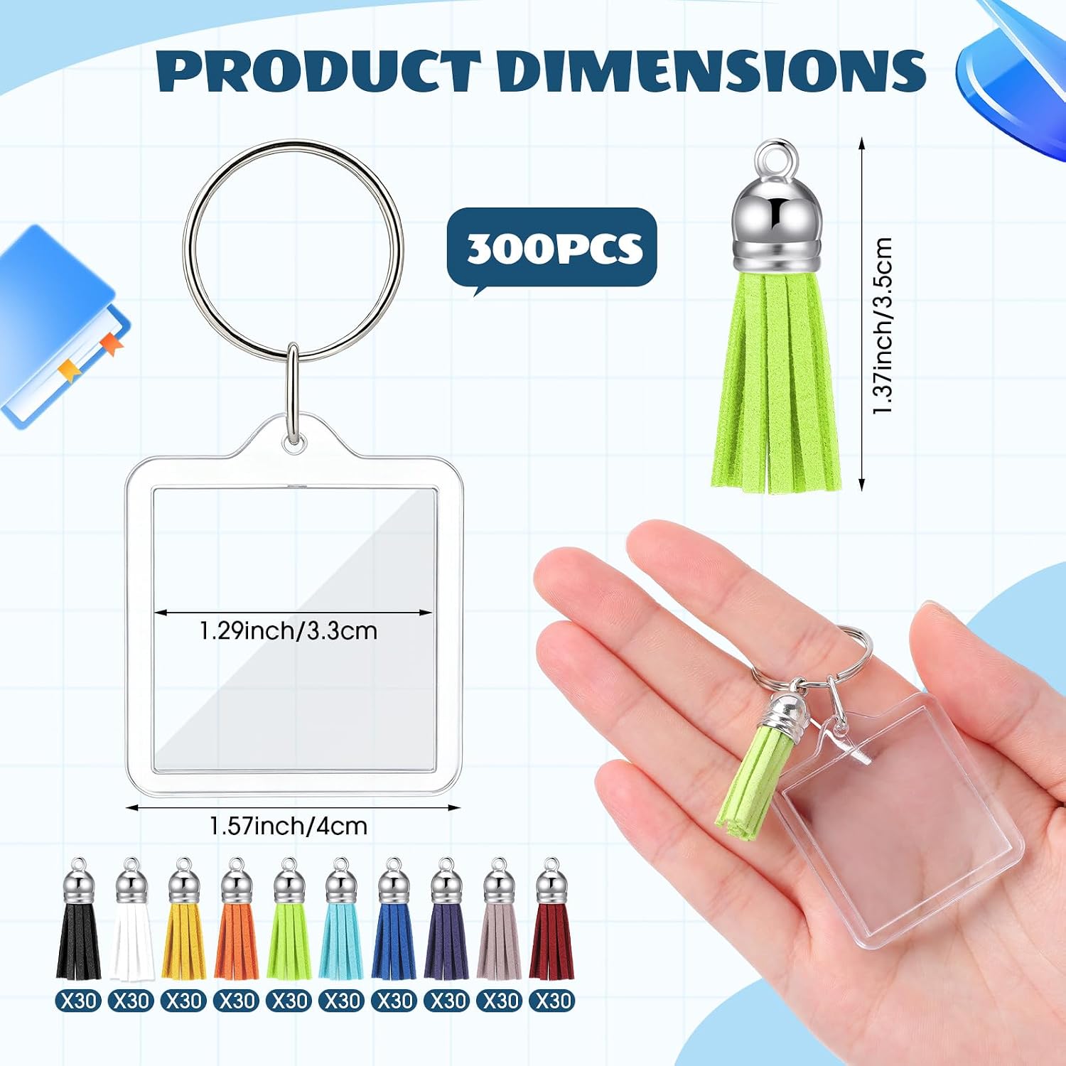 Chuangdi 300 Pcs Acrylic Photo Frame Keychain with Tassels Snap-in Custom Insert Photo Keyring Clear Blank Picture Keyring