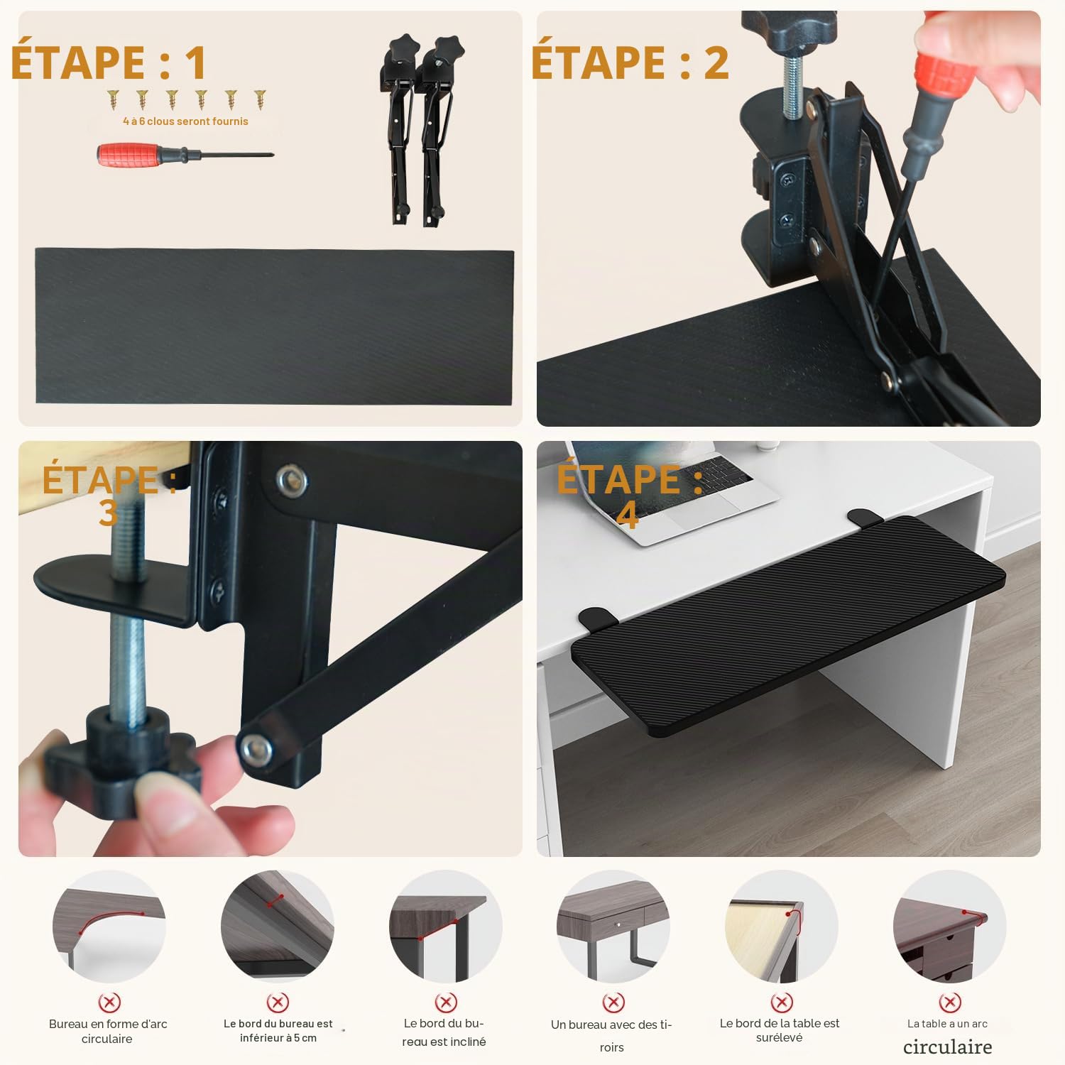 Plateau Extension de Bureau Ergonomique 55 x 24 cm Pliable Bras Support d'Accoudoir