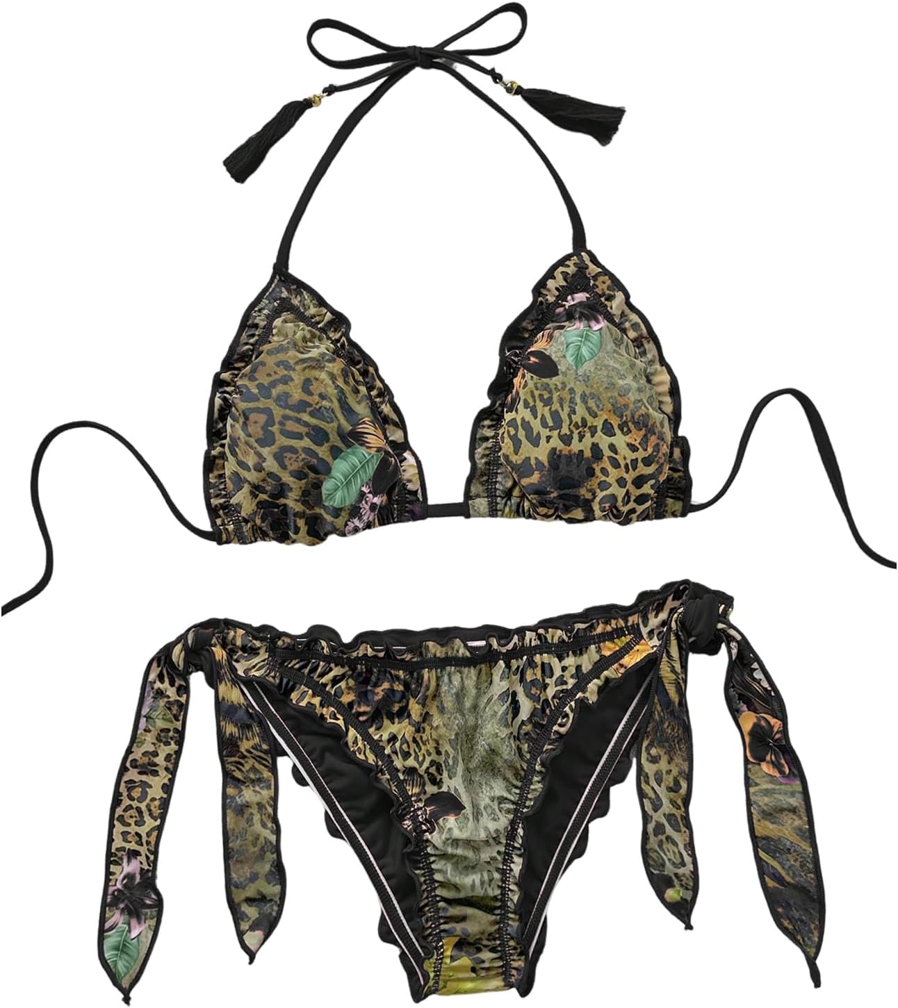 SOLY HUX Women's Floral Leopard Swimsuit Halter Triangle Tie Side String Bikini Set Two Piece Bathing Suit Beach Wear