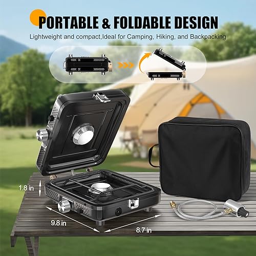 Miniatura 3 de Estufa de campamento  Estufa de campamento de propano de 2 quemadores con botón de encendido instantáneo, estufa ajustable con bolsa de transporte y