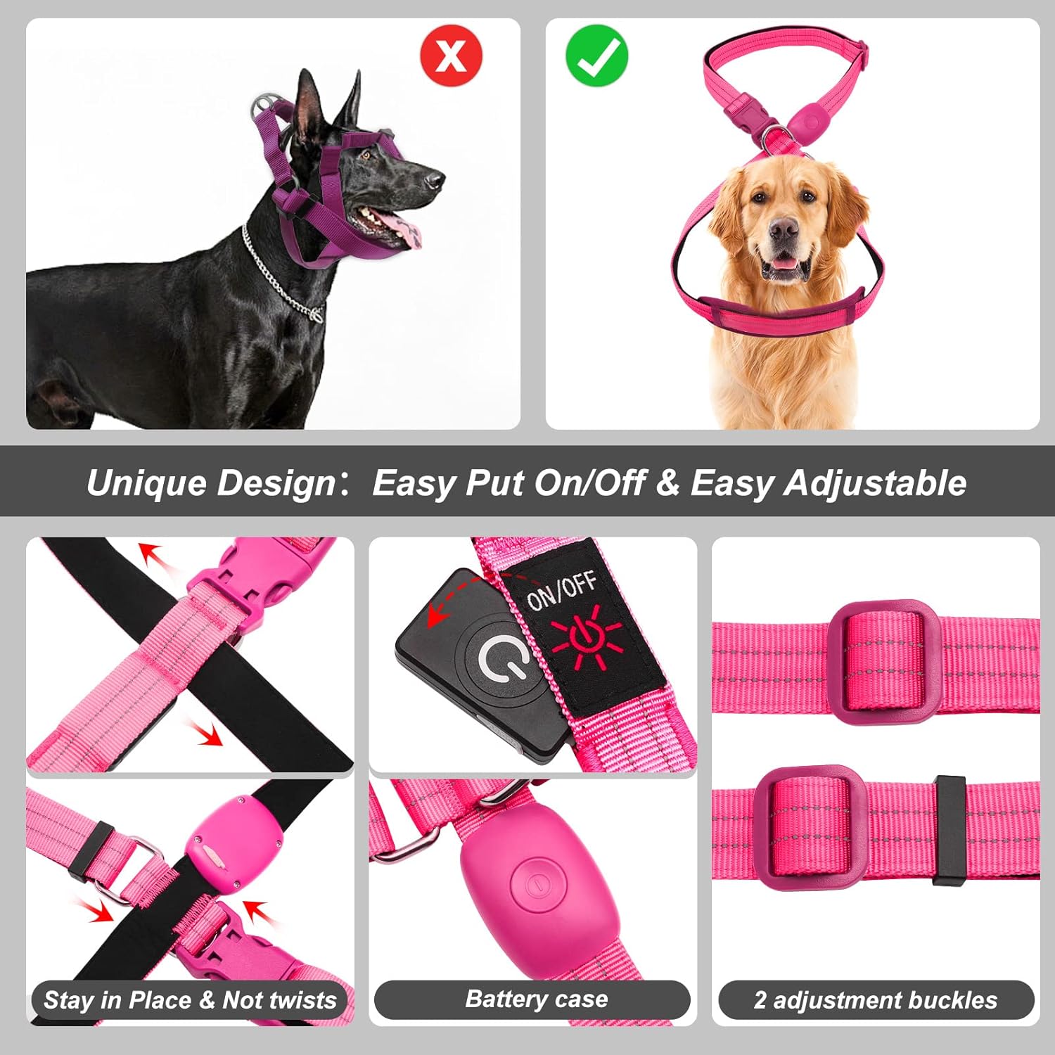 LED Light Up Dog Vest Harness Rechargeable, Soft Padded, Adjustable & Reflective, Waterproof, Glow Dark Dog Light Harness for Camping Night Safety Walking, Large Pink
