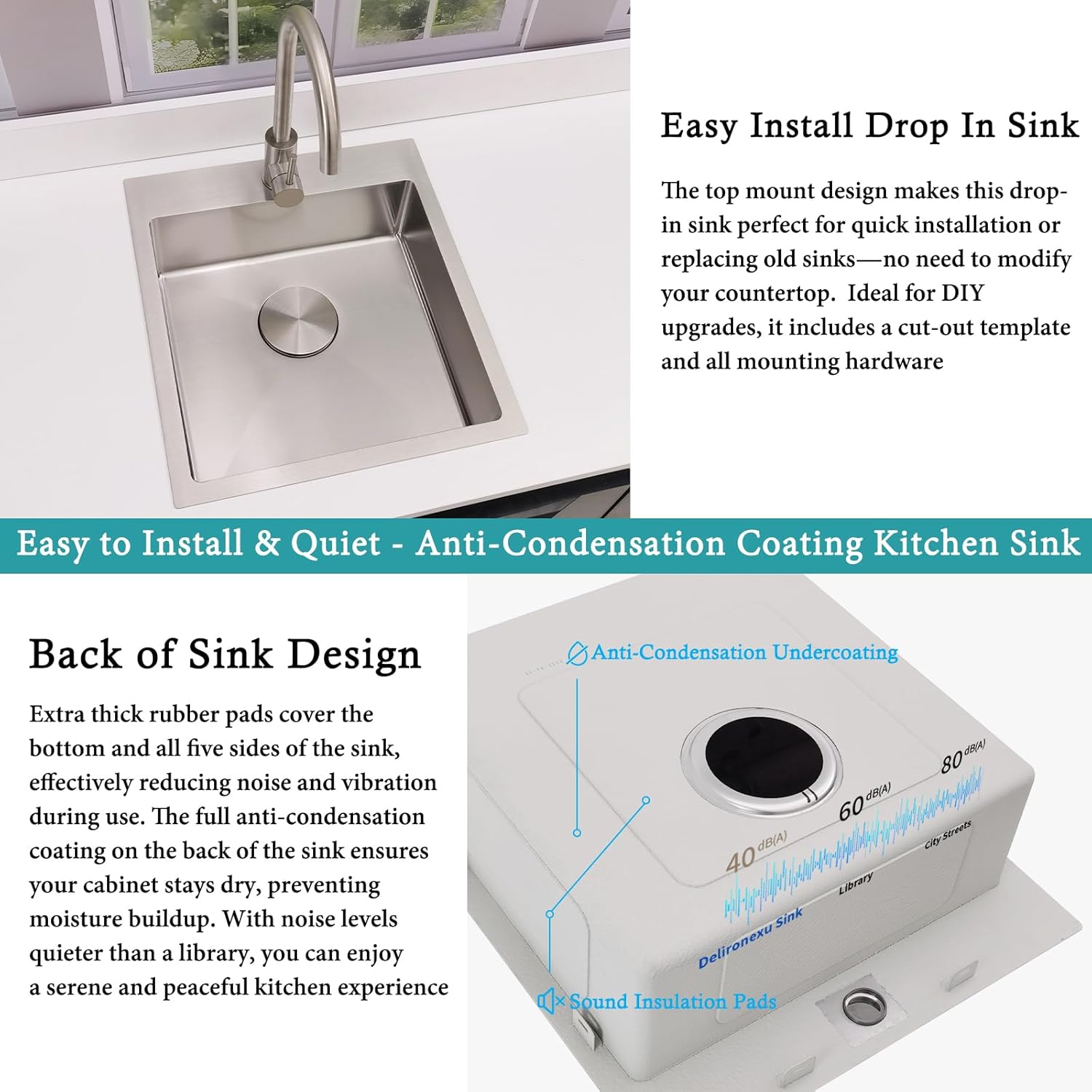17 Inch Bar Sink Drop In – Delironexu Small Kitchen Sink, Modern 18 Gauge Stainless Steel sink with Brushed Finish, 17"x19"x6" Single Bowl kitchen Sinks for RV, Prep, and Outdoor Use