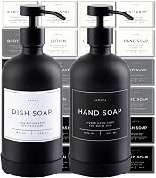 Verute Matte Black Glass Soap Dispenser Set of 2 - 16oz Kitchen Bathroom Bottles, Stainless Steel Pumps, Silicone Bases & 27 Waterproof Labels