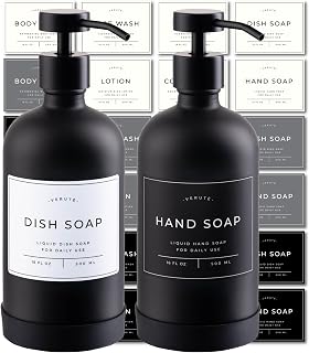 Verute Matte Black Glass Soap Dispenser Set of 2 - 16oz Kitchen Bathroom Bottles, Stainless Steel Pumps, Silicone Bases & 27 Waterproof Labels