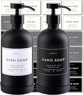 16oz Glass Soap Dispenser with Stainless Steel Pump, 21 Waterproof Label...