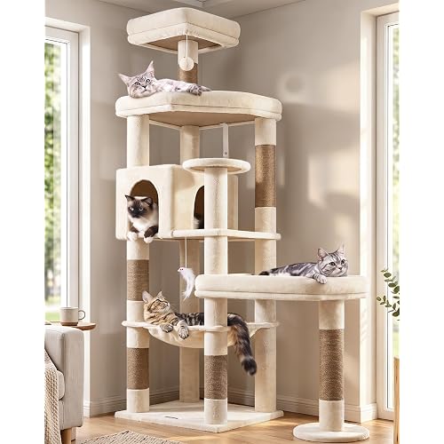 Globlazer Extra Large Platform Cat Tree, 65in Tall Sturdy Cat Tree for Indoor Cats Large Adult, Big Cat Tower for Big Cats with 3 Enlarged Perches, 6 Scratching Posts, Cat Condo, Hammock, S65, Beige
