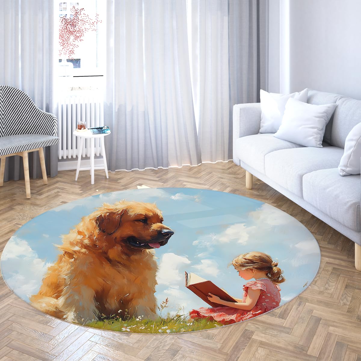Okrągłe dywaniki Storytime 7 stóp Duży pies i dziewczyna Czytanie na łące Nadruk Dywan Niskie Włosy do salonu Sofa Gry Przyjaźń Dekoracja Podłogi