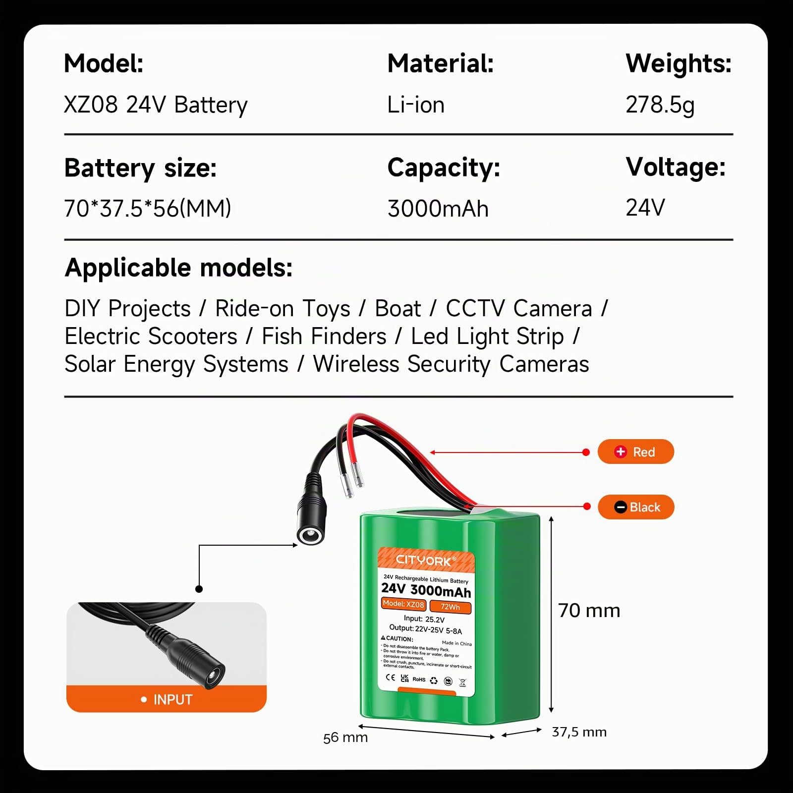 CITYORK Batteria ricaricabile agli ioni di litio da 24 V, 3000 mAh, per progetti fai da te, barca, telecamera CCTV, rilevatore di pesci, striscia luminosa a LED e molto altro ancora