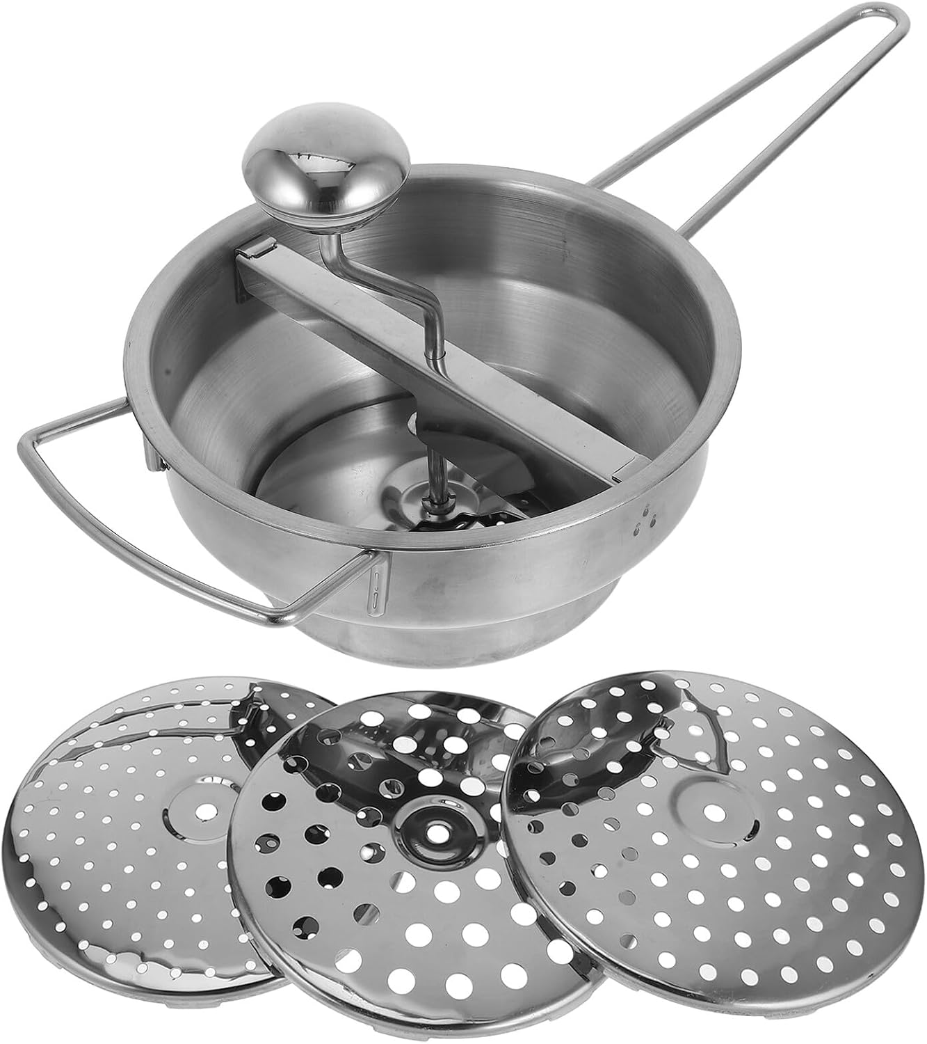 Gatuida Rotary Stainless Steel Potato Ricer with 3 Interchangeable Discs (2, 3, 7mm) Heavy Duty Manual Food Masher for Mashed Potatoes, Vegetables, and Purees, Suitable for Home Kitchen