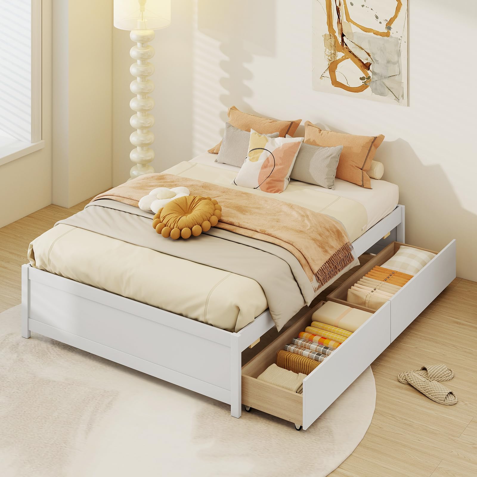 IFANNY Full Size Bed with Storage Drawers, Wood Platform Bed Frame with Footboard, Strong Wooden Slat Support, Space-Saving Daybed Frames for Kids,