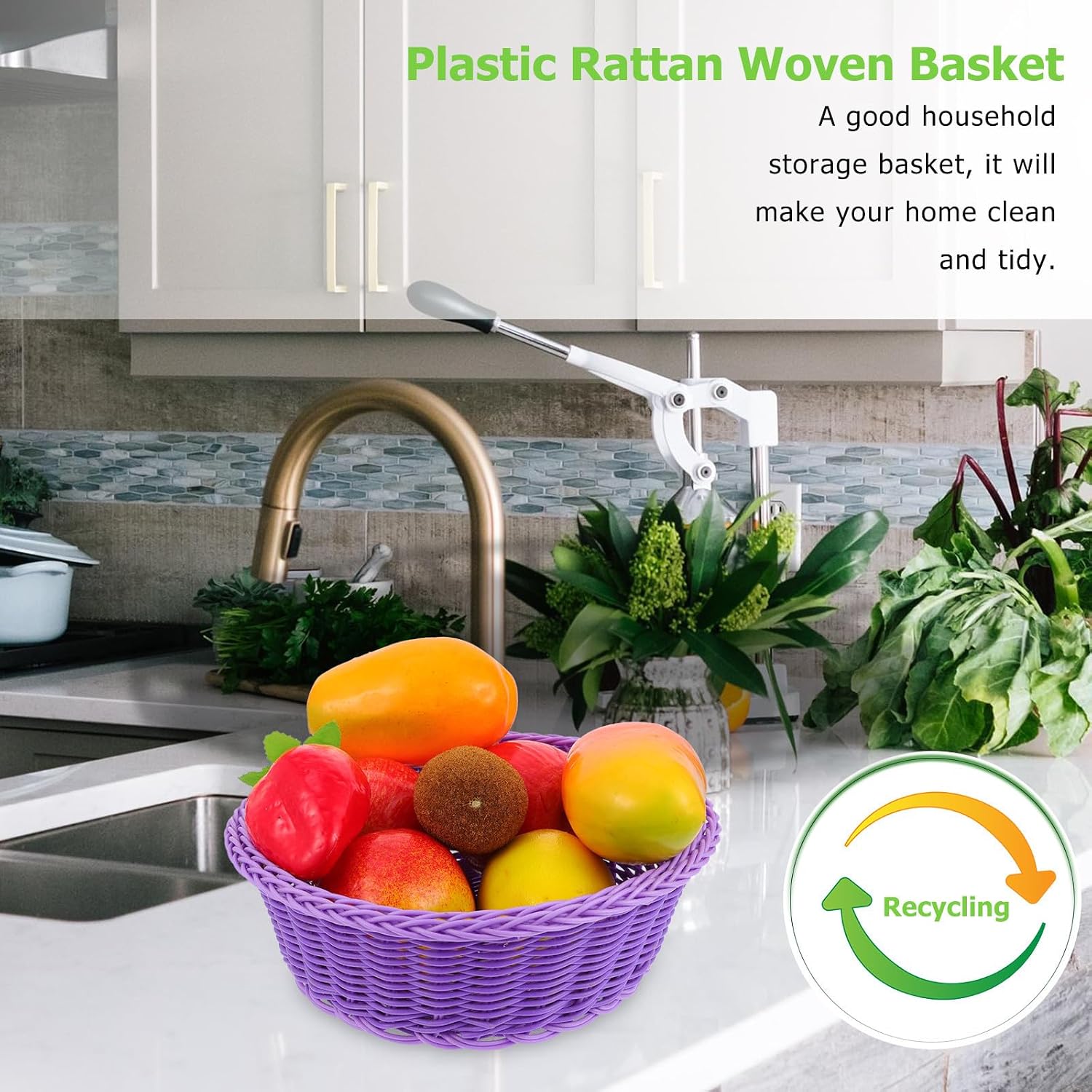 Garneck Bamboo Fruit Basket - Imitation Rattan Woven Design Plastic Serving Basket for Home Kitchen Bakery and Office 9.44 X 7.08 X 2.95 Inches