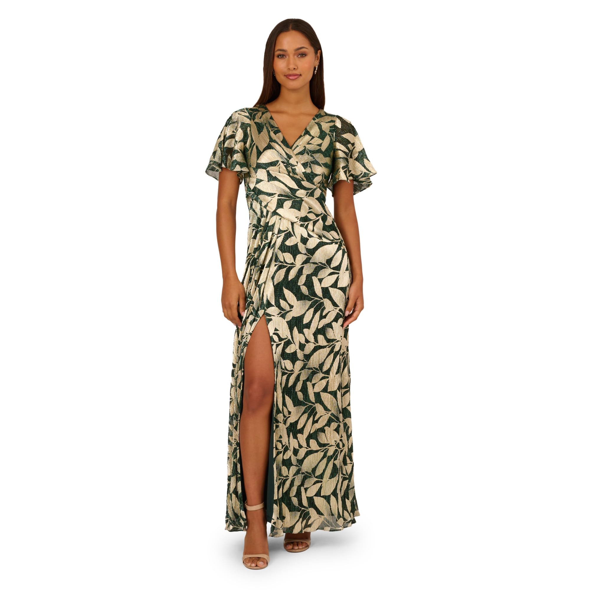 Adrianna Papell Womens Foil Leaf Draped Gown