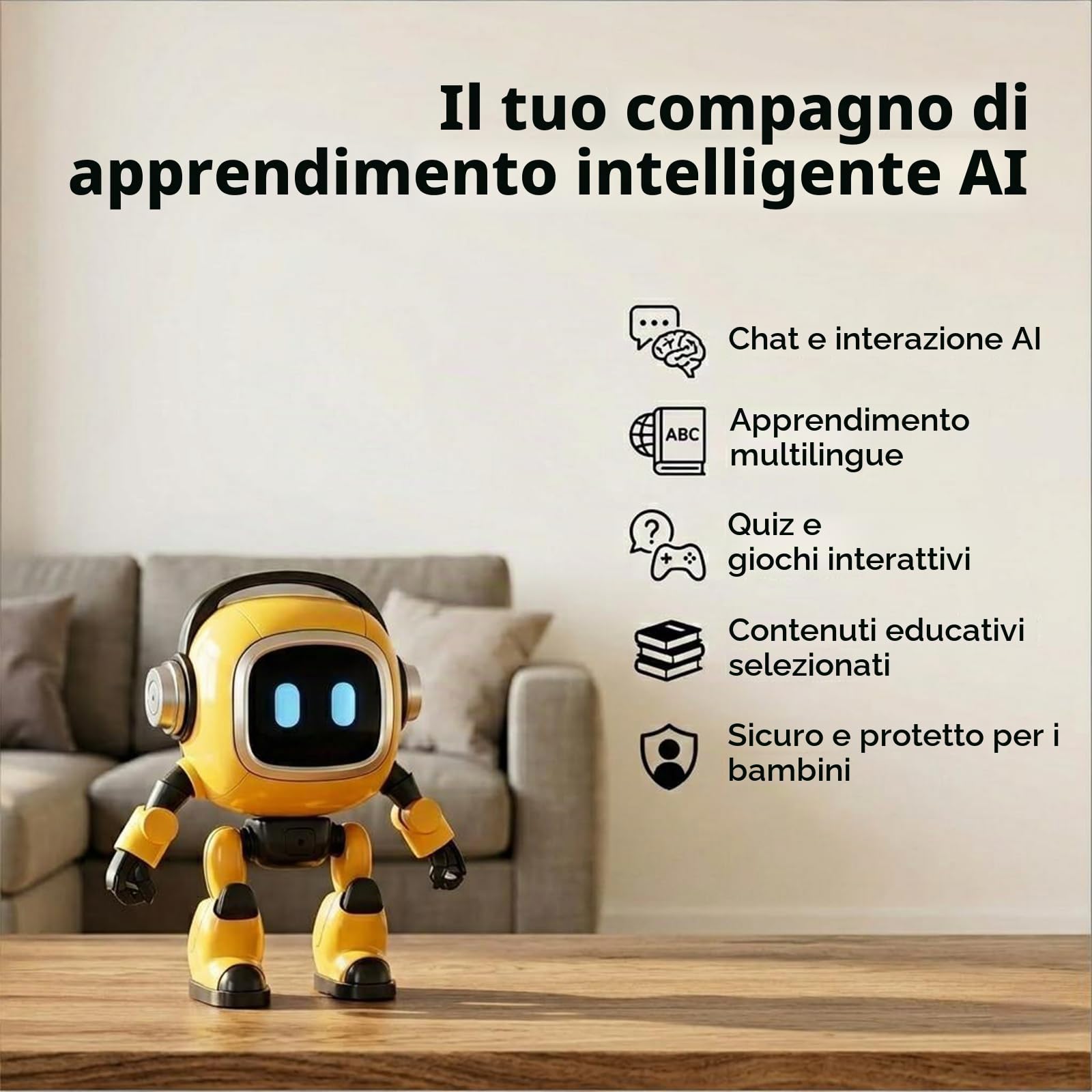 Robot Tutor Intelligente AI con 4 Principali Modelli AI e Conversazione Naturale, 37 Lingue Storia Musica Meteo Altoparlante Bluetooth, Compagno Interattivo per l'Apprendimento Domestico con Luci