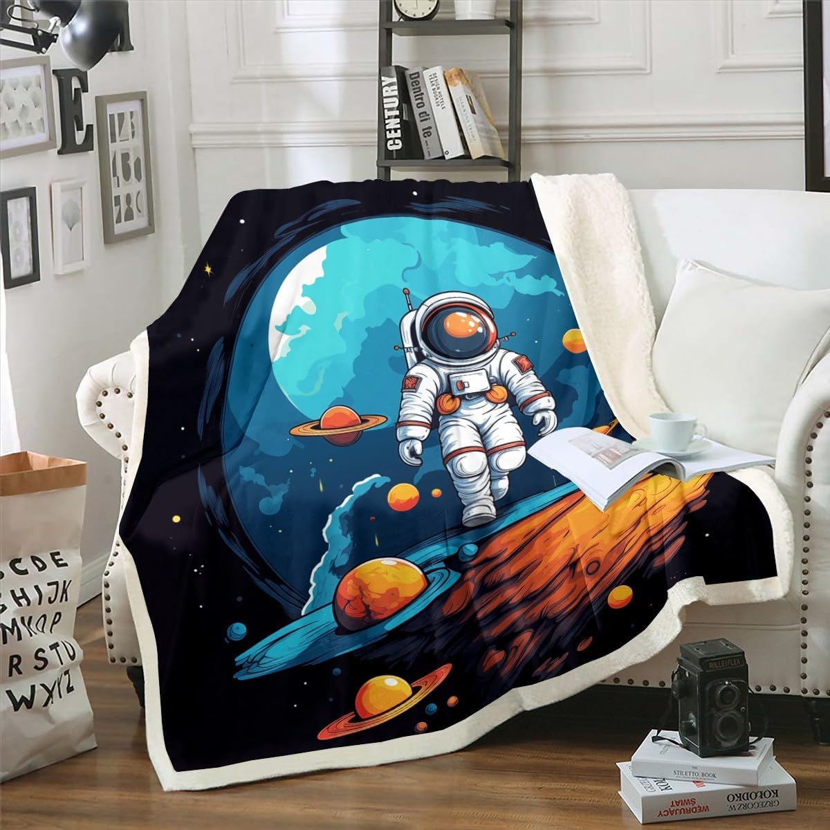 Erosebridal Astronaut Queen Size Blanket Space Kids Print Fleece Blanket, Boys Outer Space Astronaut Themed Blanket for Sofa Bedroom