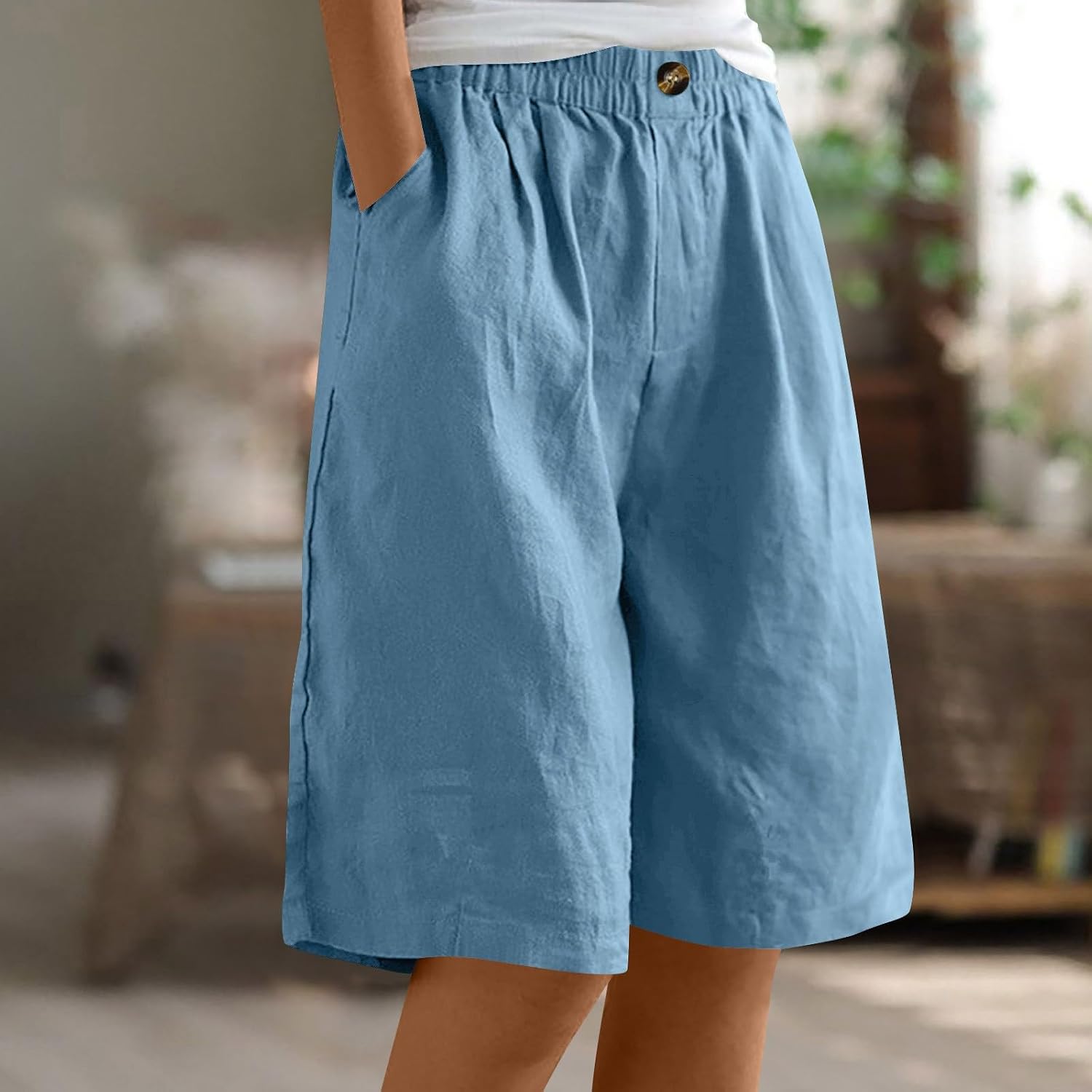 Cotton Linen Shorts for Women Loose Fit Knee Length Bermuda Shorts Casual Wide Leg Elastic Waist Workout Shorts