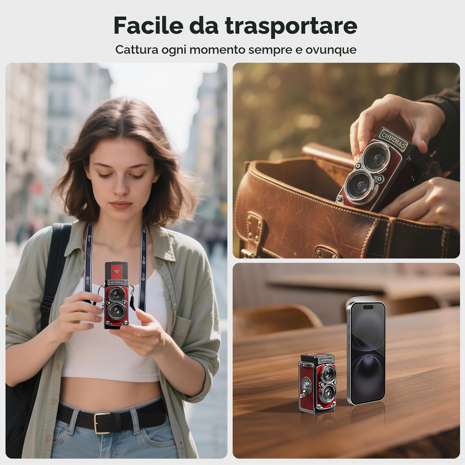 Chuzhao Mini Macchina Fotografica Vintage con Impostazione di Data e Ora, Portatile Stile Retrò TLR 1080P FHD Video 12MP Foto Autofocus Compatta Fotocamera Digitale con Scheda da 16GB, Rosso