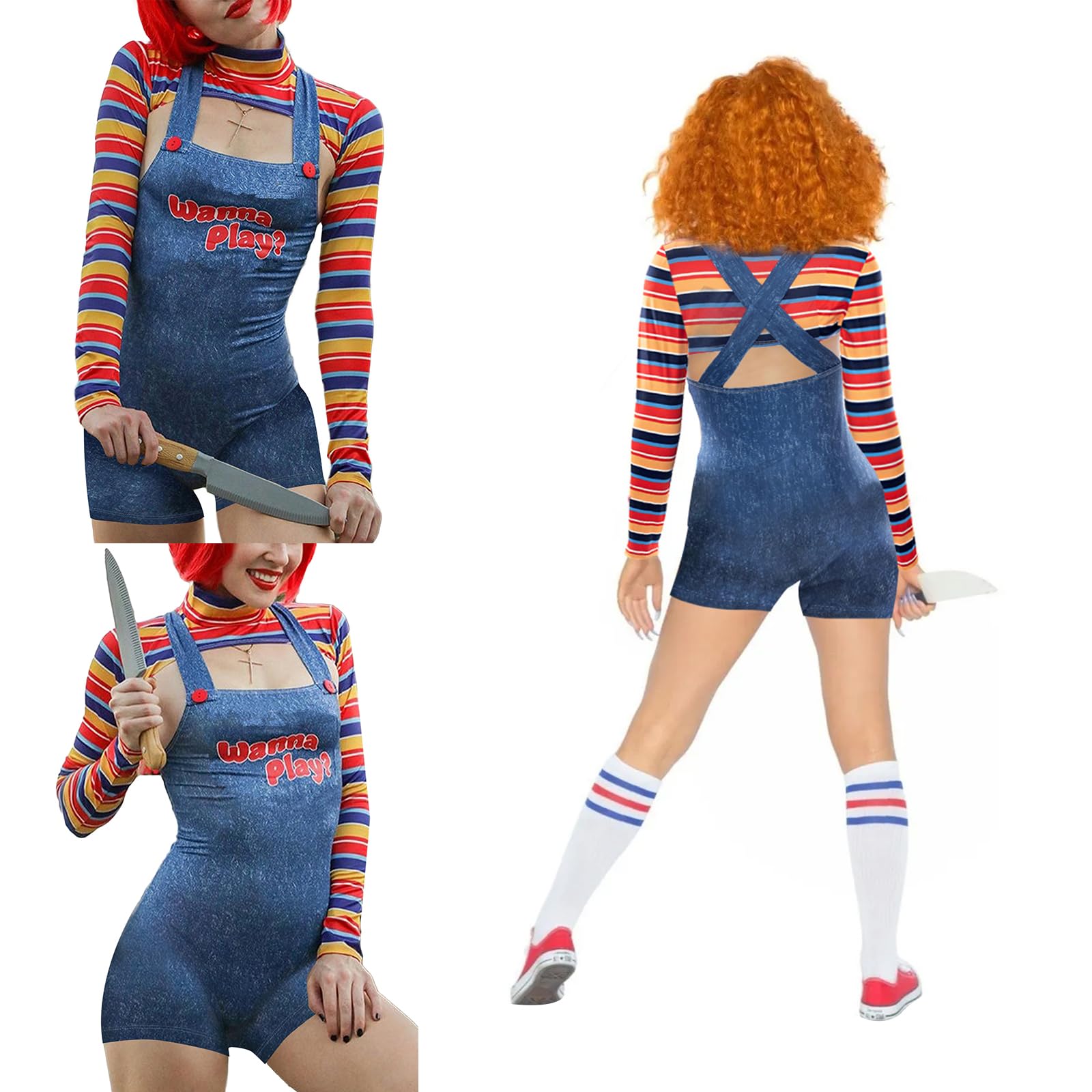 Acrawnni Women Halloween Costumes Nightmare Killer Doll Wanna Play Movie Character Bodysuit Anime Clown Cosplay 2 Pcs Costume Set Halloween Outfit (A-Blue - Image 4