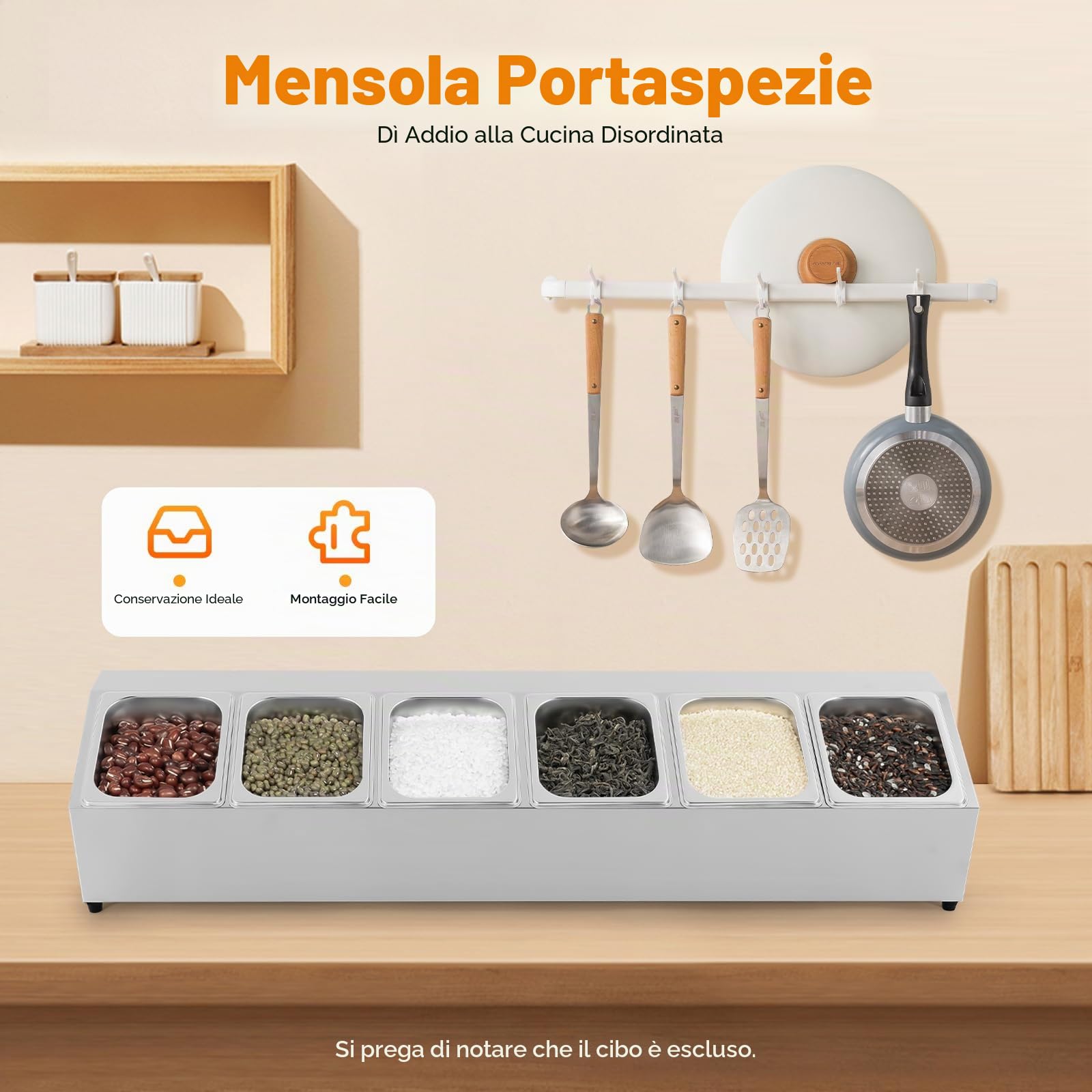 Recipiente in acciaio inossidabile con coperchio, 6 scomparti, set di contenitori Gastronorm per ingredienti di pizza, contenitore per spezie per cucina, ristorante o catering