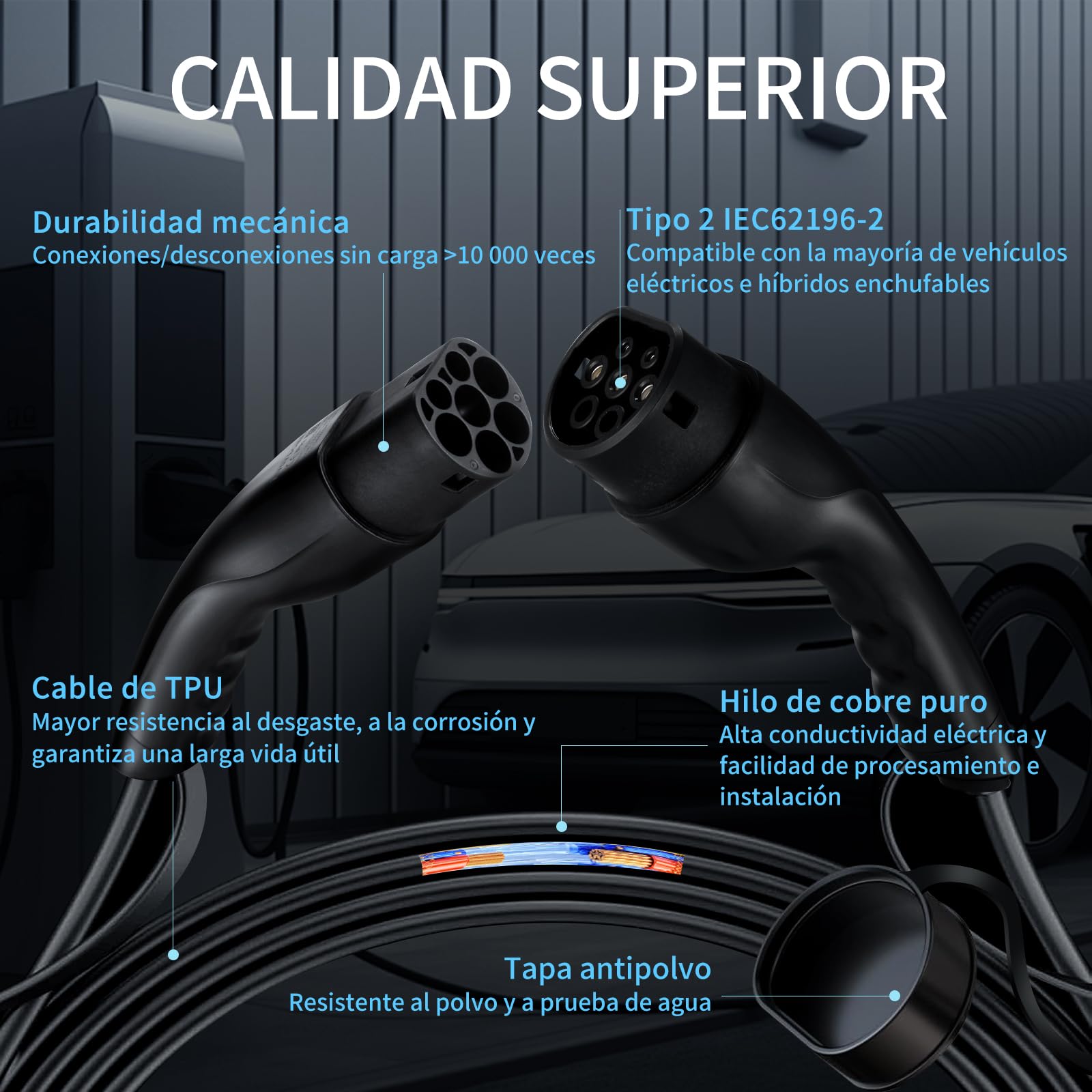 Cable de carga para coche eléctrico tipo 2: cable de carga para vehículos eléctricos 7 kW 32 A monofásico, compatible con todos los modelos Tipo 2/CCS2, EV/PHEV, IEC 62196-2, 5 m, bolsa