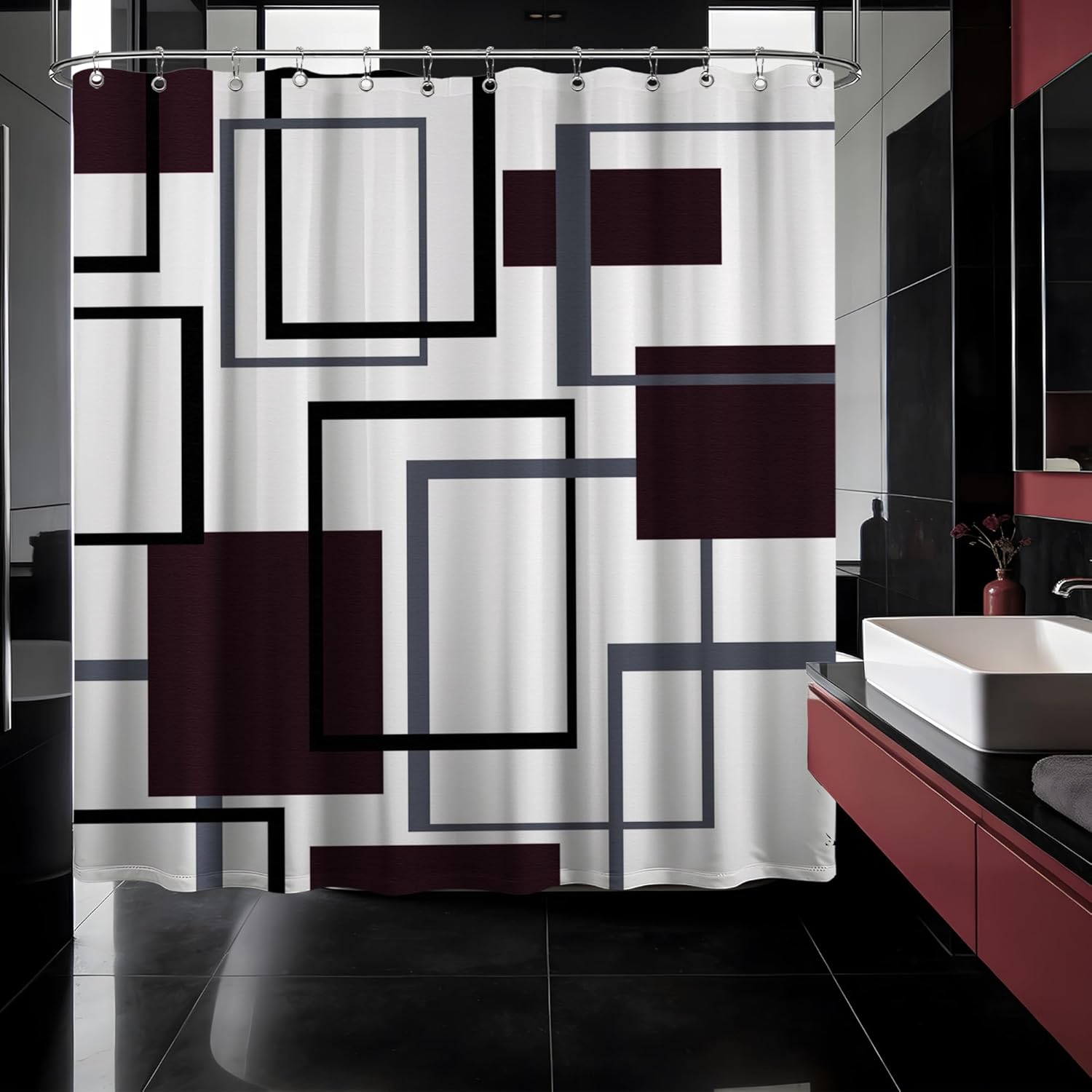 Burgundy Geometric Shower Curtain Maroon and Dark Red Abstract Modern Shower Curtains for Bathroom Decor, Waterproof Fabric with Hooks 70 x 72 Inch