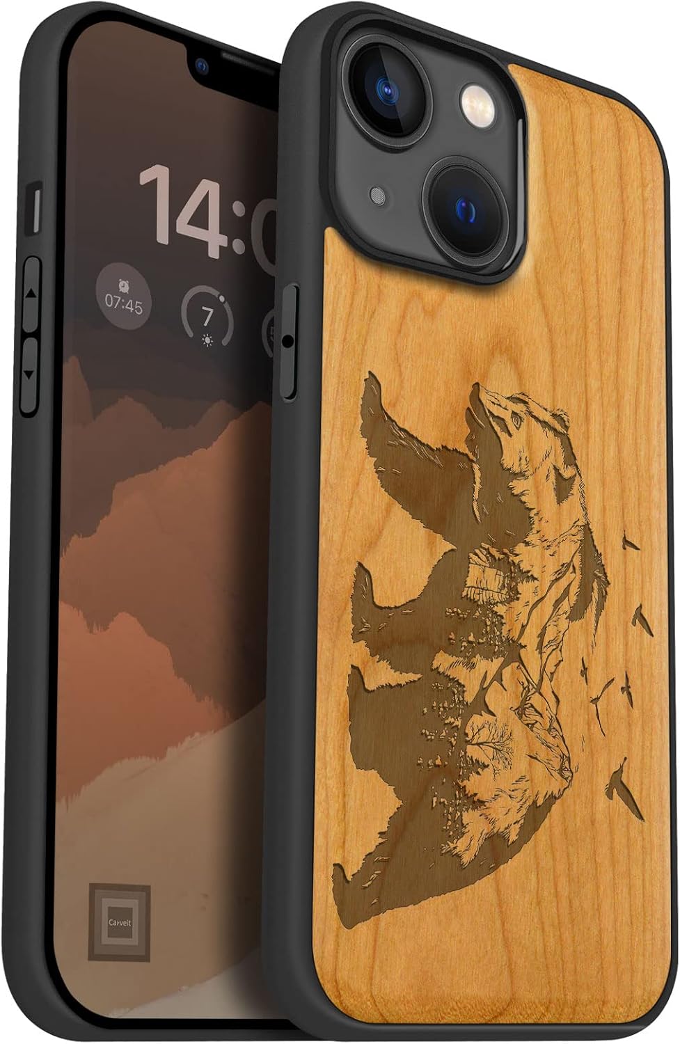 Carveit Magnetic Wood Case for iPhone 14 Case [Natural Wood & Black Soft TPU] Unique & Classy Wooden Shockproof Protective Cover Compatible with magsafe (Bear and Valleys -Blackwood)