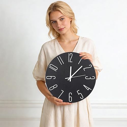 Miniatura 3 de Wall Clock 12 Inch Silent Non-Ticking Imitation Wood Indoor Clock Round White Decor Clock Modern 3D Figures Quartz Wall Clocks for Home, Hotel,