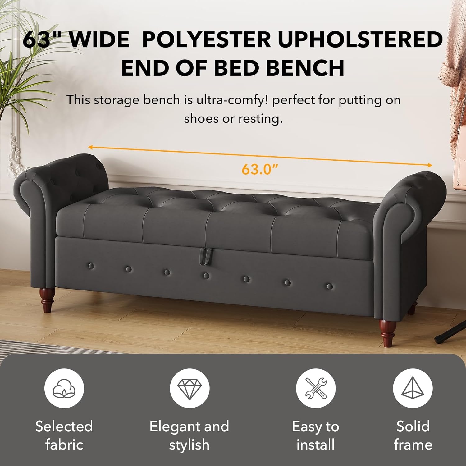 63" Wide Storage Bench, Polyester Upholstered End of Bed Bench with Pull Ring Design, Storage Shoe Cabinet Bench with Rolled Arm, Modern Window Bench for Bedroom (Dark Gray)