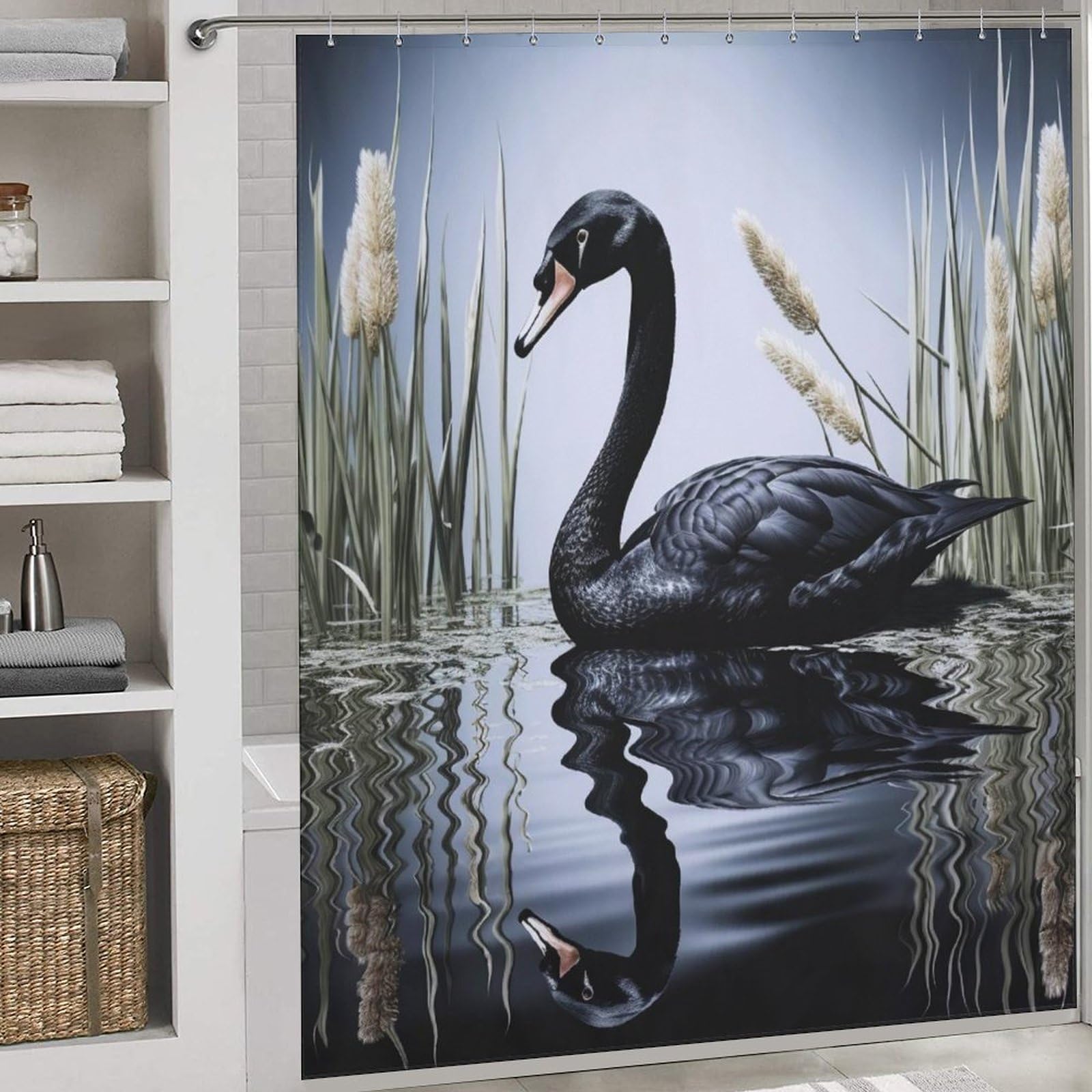 Rideau de douche cygne en tissu lavable 183x183 cm pour baignoire