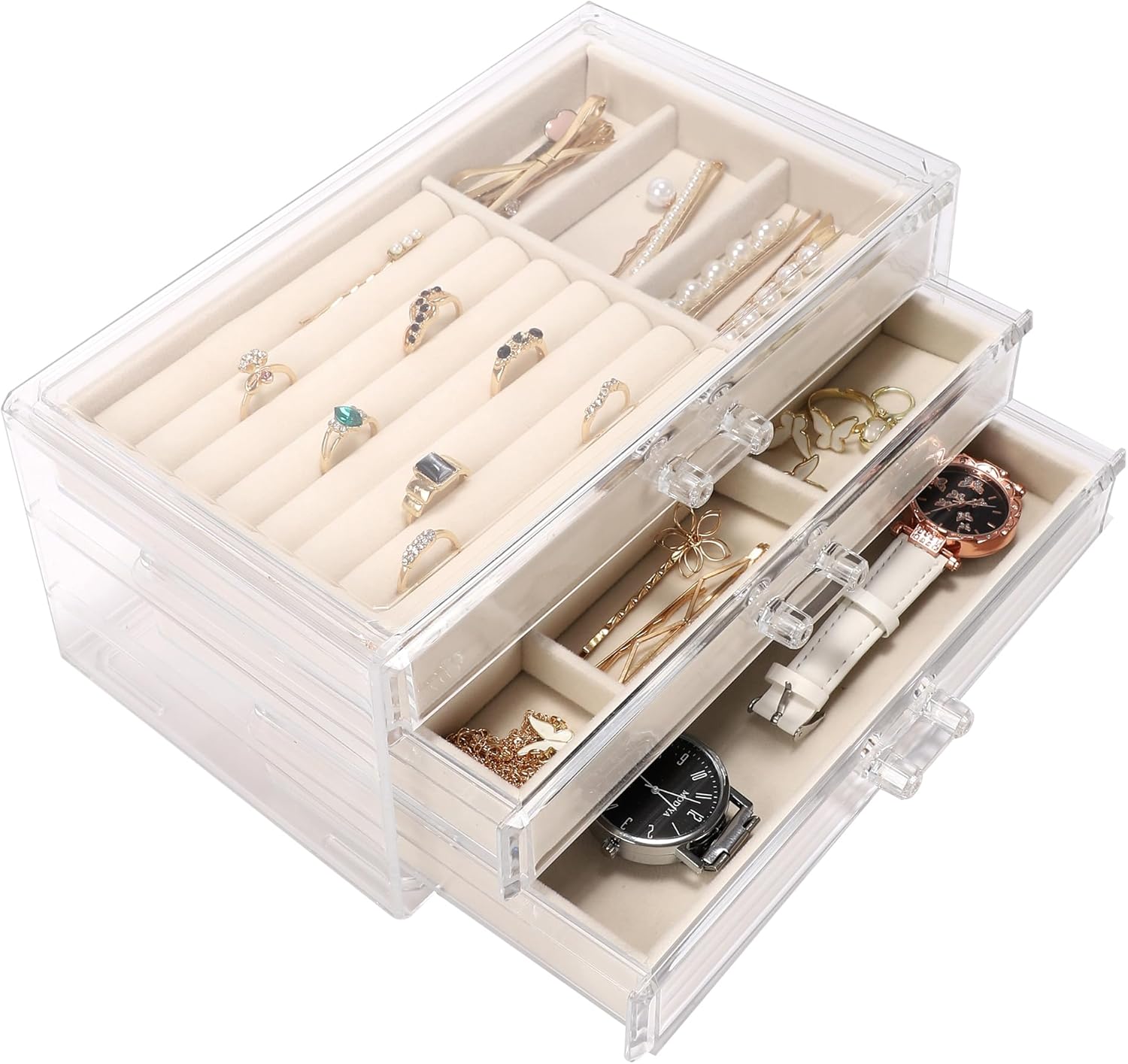 Clear Acrylic Jewelry Box with 3 Velvet Drawers, Jewelry Organizer for Women & Girls - Earring, Ring, Necklace, Bracelet Storage Case (Beige, 3 layers)