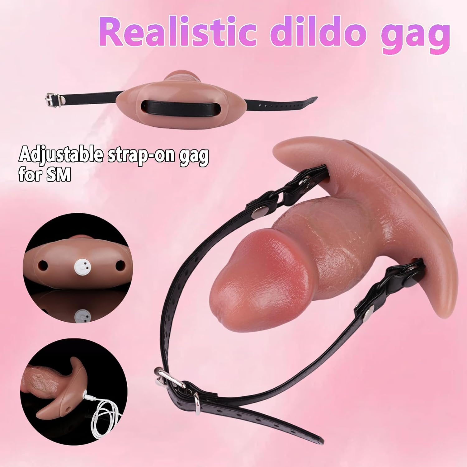 Silicone Penis Dildo Mouth Gag with Adjustable Leather Strap, Anal Plug Vibrator 10 Vibrating Modes Adult Sex Toys for Men and Women, Couples