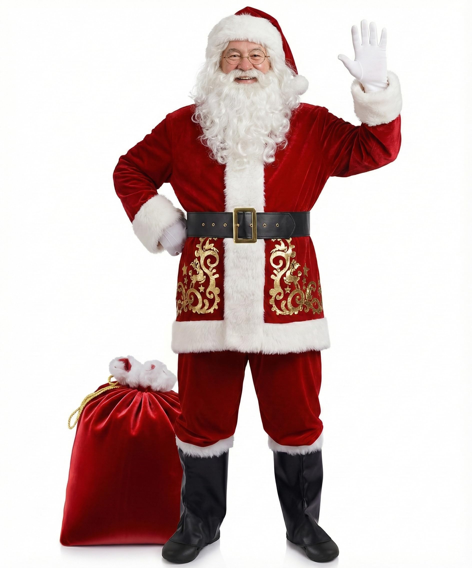 Santa Claus Costume for Adult Mens Santa Clause Suit 11pcs Deluxe Christmas Red Velvet Outfit Xmas Holiday Party