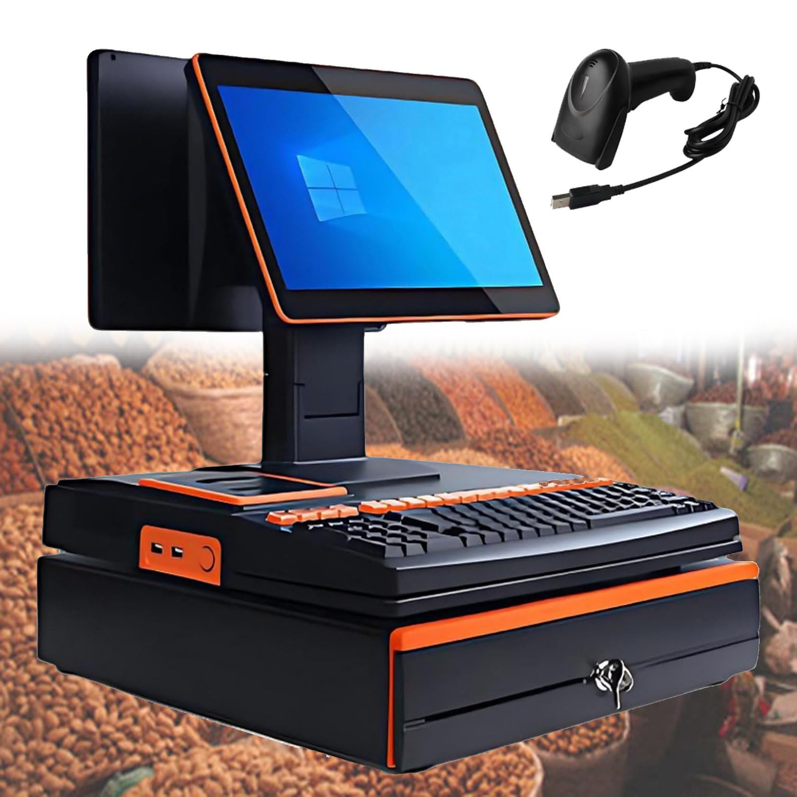 Pvxa Orange All-In-One Cash Register For Restaurants & Retail, With 15.6" Touch Screen Monitor, Cash Drawer, 58Mm Printer, Barcode Scanner, Touchscreen, For Small Business Dualscreen