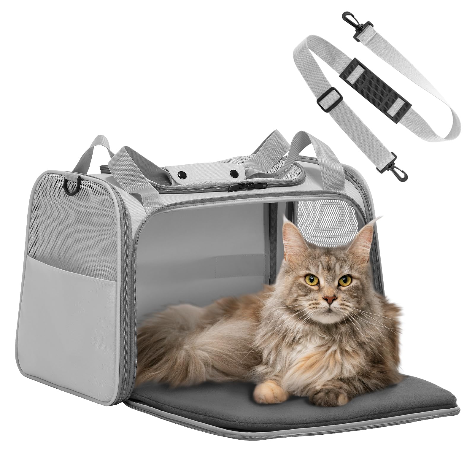 Petsfit Trasportino per gatti grande fino a 11,3 kg, trasportino stabile e leggero con tappetino in pile estensibile, borsa da viaggio per cani con guinzaglio di sicurezza per uso interno, 50 x 33 x