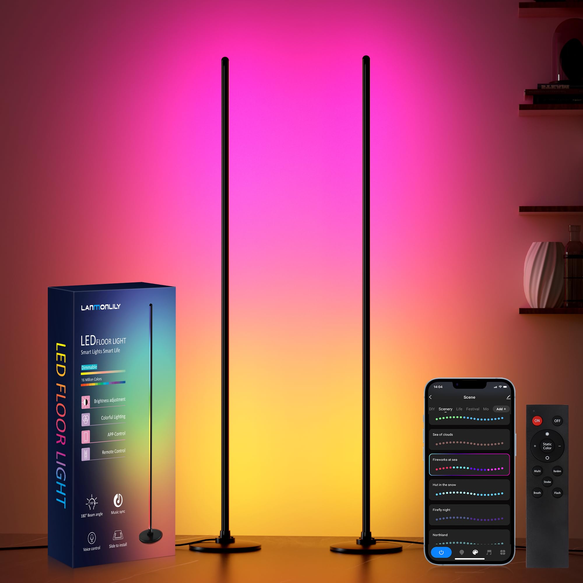 Lanmonlily LED Stehlampe, WiFi Stehlampe Dimmbar, Arbeiten Sie mit Alexa und Google Assistant, Musik Sync, 16 Millionen Farben, 68 Szenenmodi, Stilvolle Stehleuchte für Schlafzimmer & Gaming-Raum