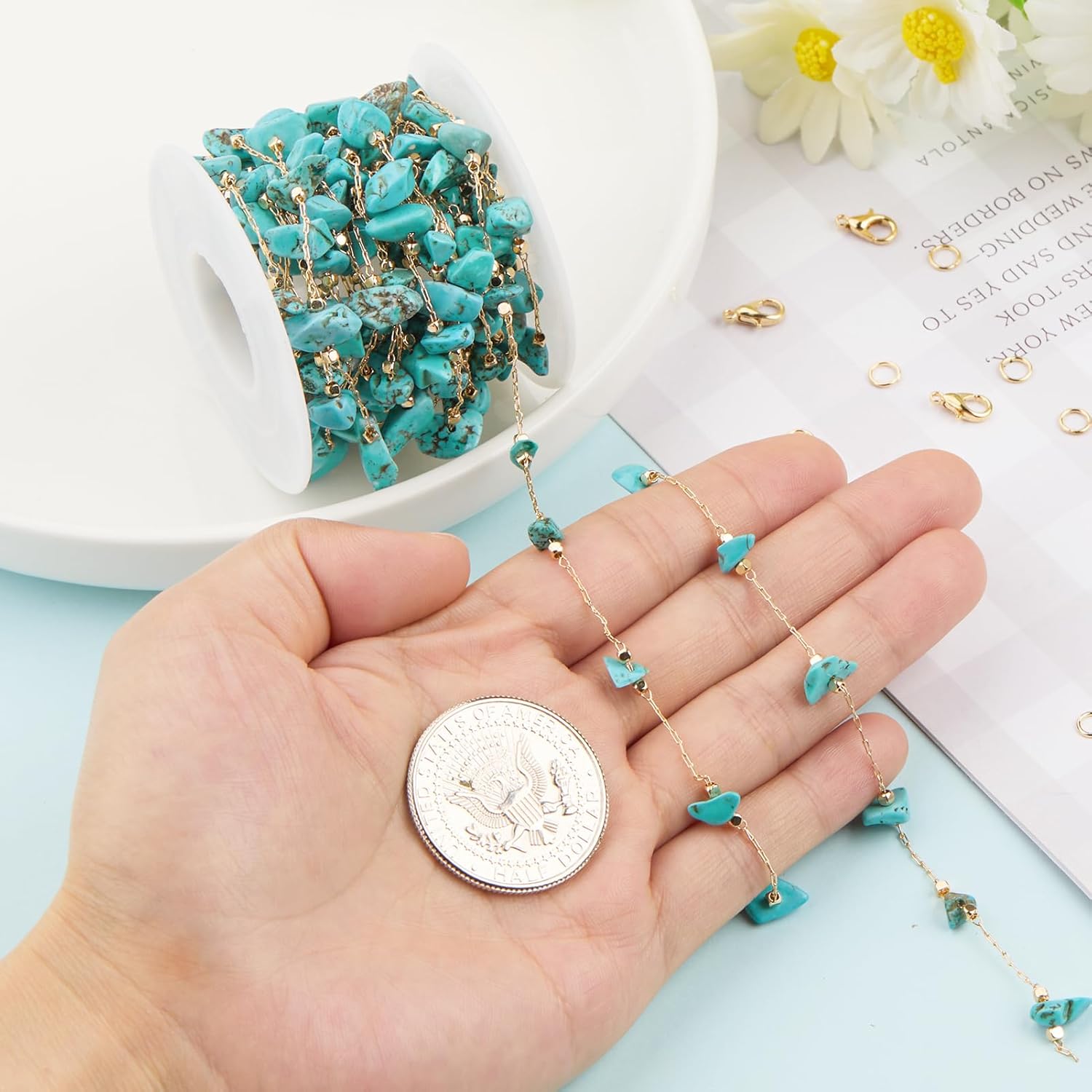 Kyutong 16.4FT Turquoise Stone Chains for Jewelry Making Gold Plated Chains Bulk Thin Paperclip Chain Link with Jewelry Clasps for Craft Making Jewelry Findings - Image 5