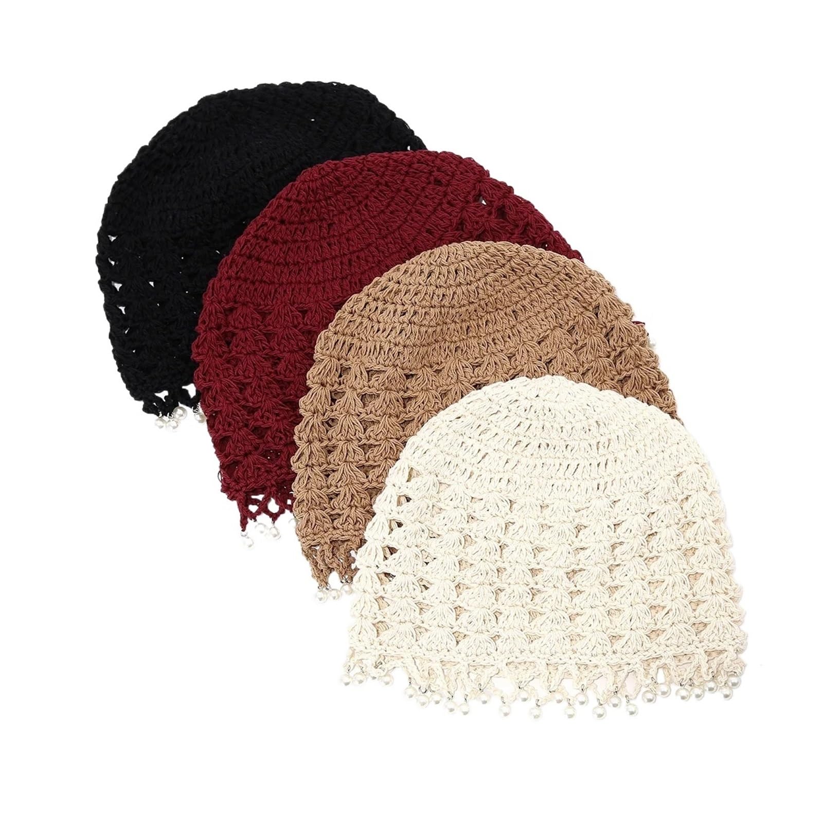 SommermüTze Damen 1pc Koreanische Retro Perle Quaste Hohl Beanies Caps for Frauen, Sommer Handgemachte Häkeln Reise Atmungsaktive Pullover Hüte Zubehör