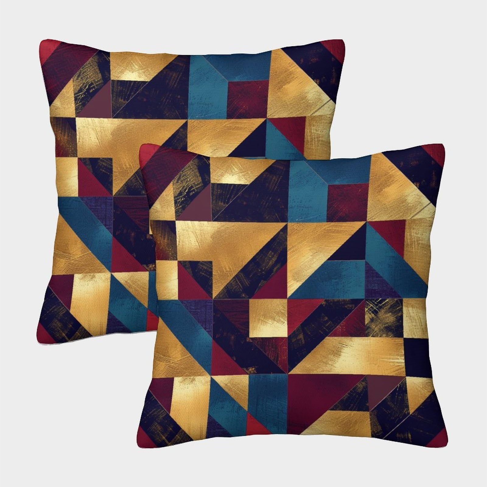 kaiyun 2 Pack Geometric Patterns，Blue, Gold, Maroon 3D Image Printed Single-sided Cushion Cover 40x40cm