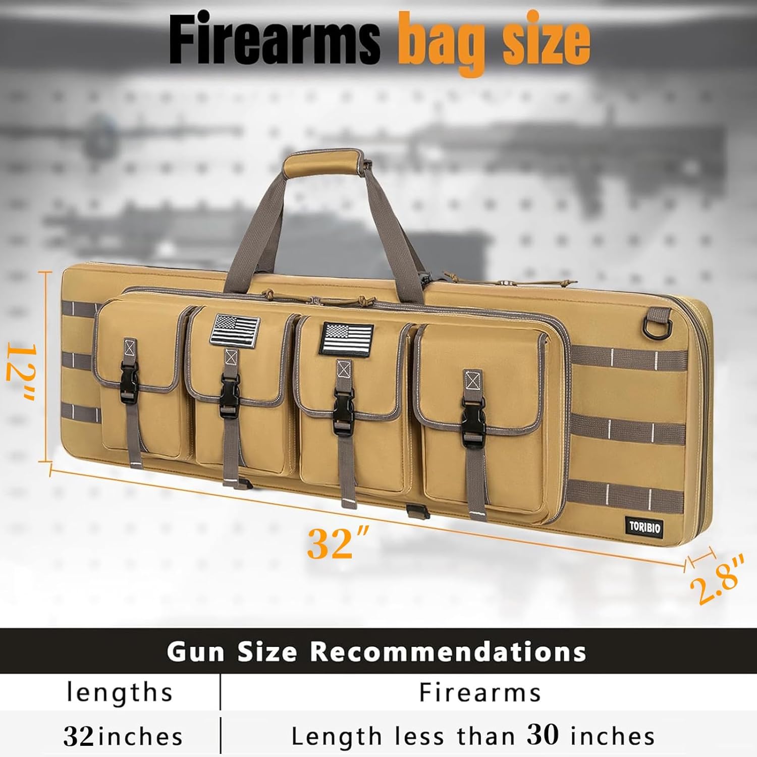 toribio double rifle case soft bag 32" 34" 36" 42" 46" 48'' 51“ 55” gun case tactical for rifle firearm storage, transportation and hunting shooting range, rifle backpack khaki (with 2 flag) 32" x 12"