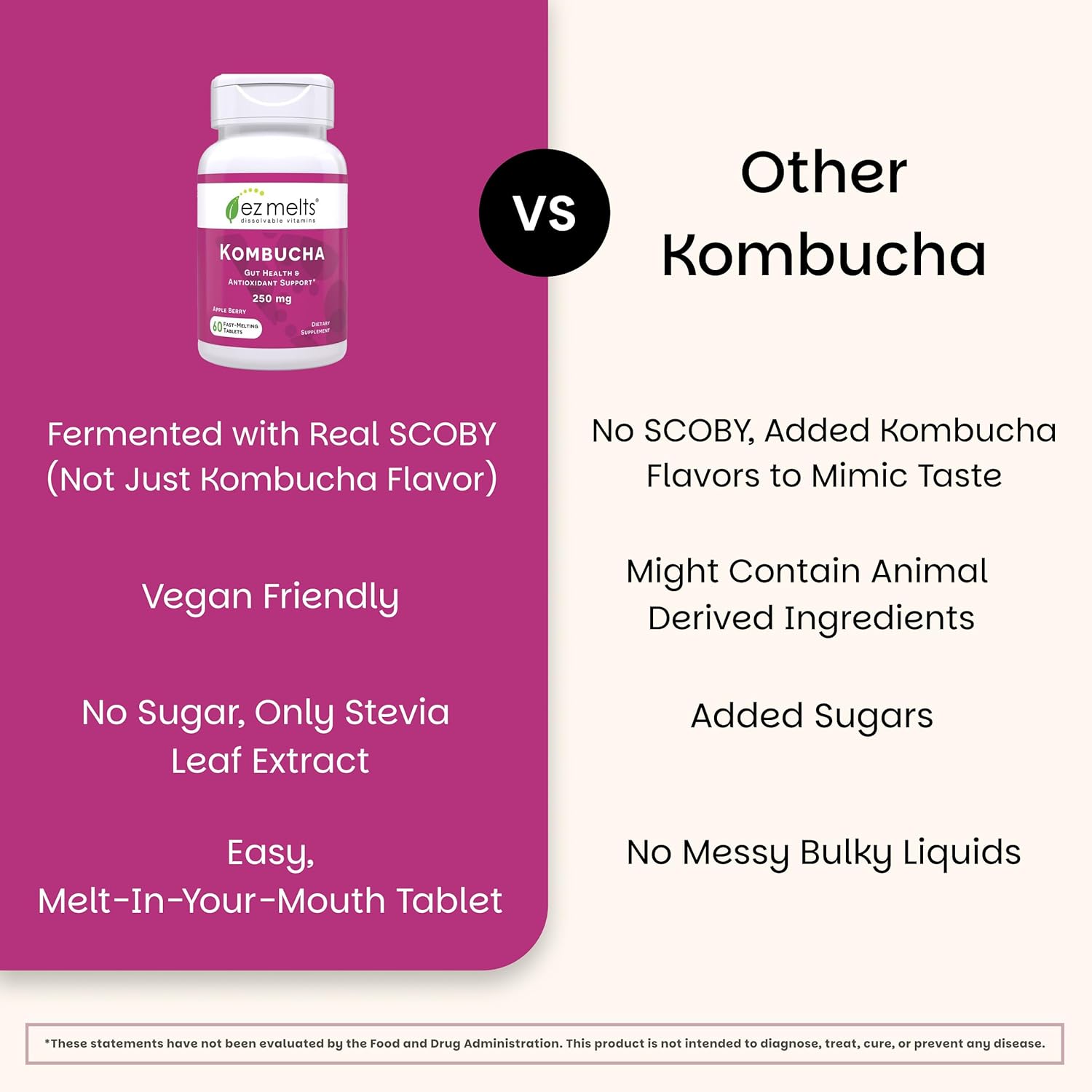 EZ Melts Dissolvable Sugar-Free Kombucha Tablets with SCOBY & Apple Cider Vinegar, Gut Health Supplements for Men & Women, Apple Berry Flavor, 2-Month Supply - 1 Pack - Image 5