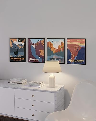 Vista 5 de HAUS AND HUES Juego de póster vintage de parques nacionales, 4 impresiones de parques nacionales, arte abstracto de pared de montaña y naturaleza